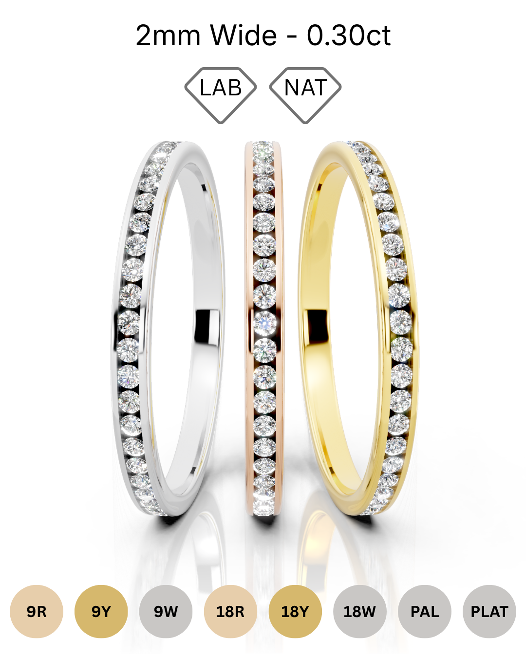 2mm full channel set diamond wedding ring with 0.30ct round diamonds for maximum sparkle. Available in gold, platinum and palladium. Natural G/VS or lab D/VVS1 diamonds. Free home consultations.