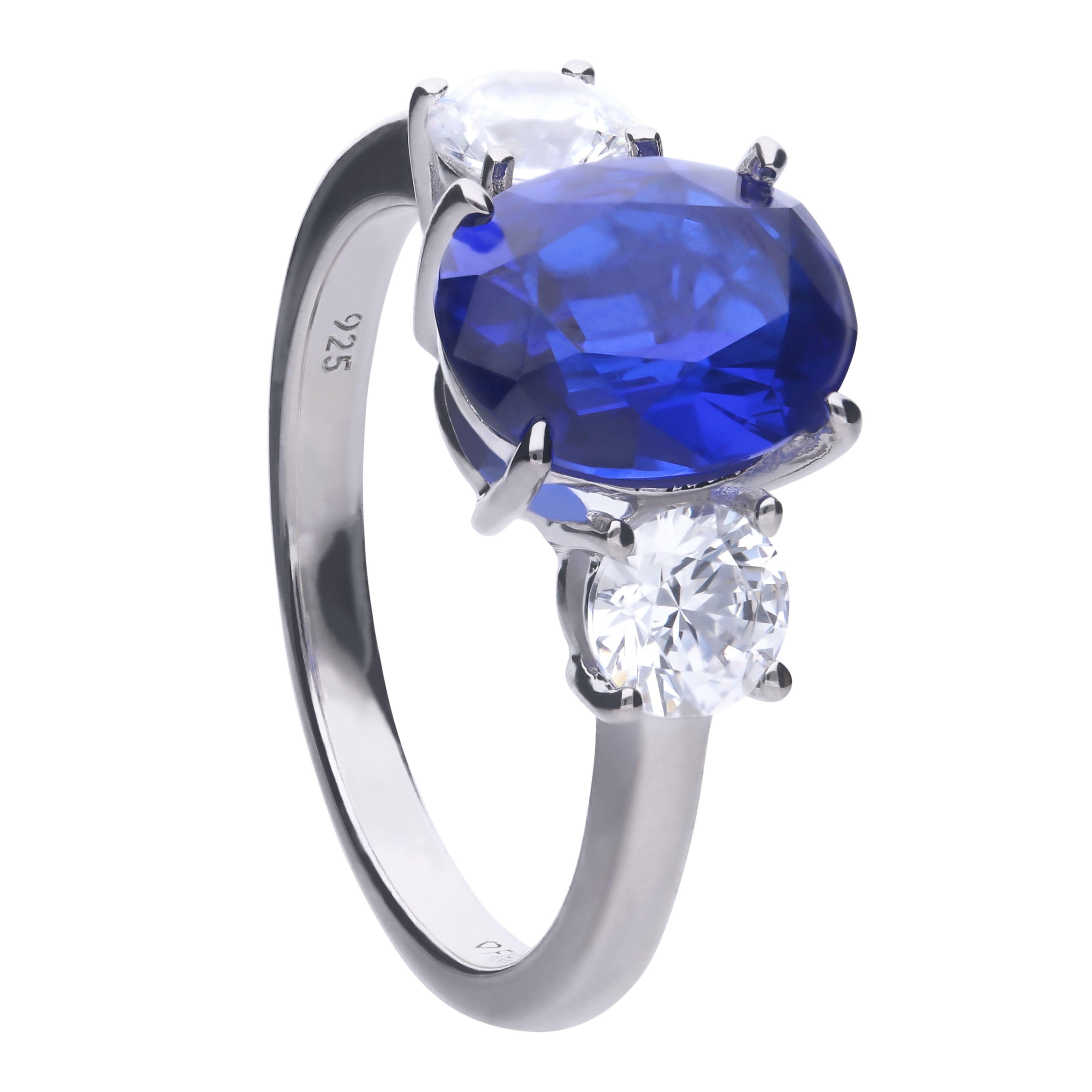 Diamonfire™ 5.70ct Oval Blue Sapphire Zirconia Trilogy Ring in Sterling Silver with Triple Plating, Certified Skin Safe, Featuring a Deep Blue Centre Stone