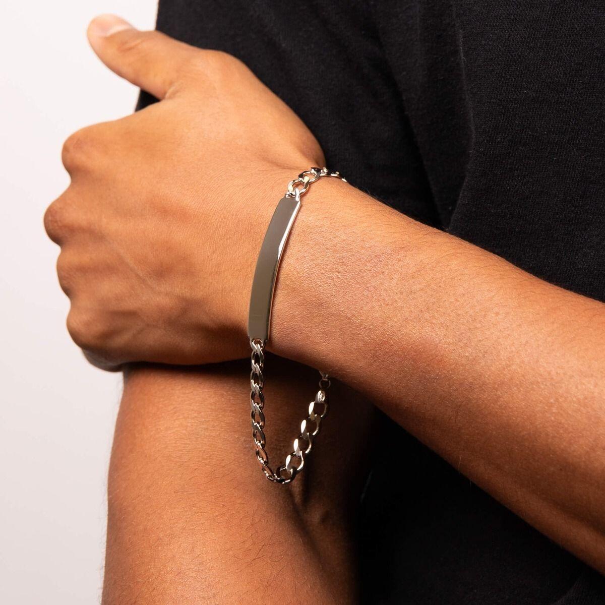 "Engravable ID Bar Curb Chain Bracelet in recycled sterling silver with platinum plating, 23cm length, AnchorCert Pro certified skin safe, presented in a branded premium suede pouch in a branded gift box by fredbennett®."