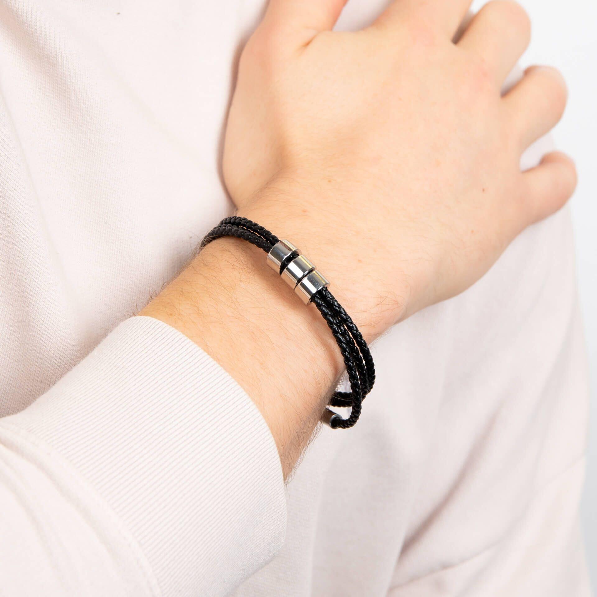 "Triple Layer Black Leather Bracelet with polished stainless steel beads, secure magnetic clasp, and AnchorCert Pro certified skin safe, presented in a branded premium suede pouch in a branded gift box by fredbennett®."