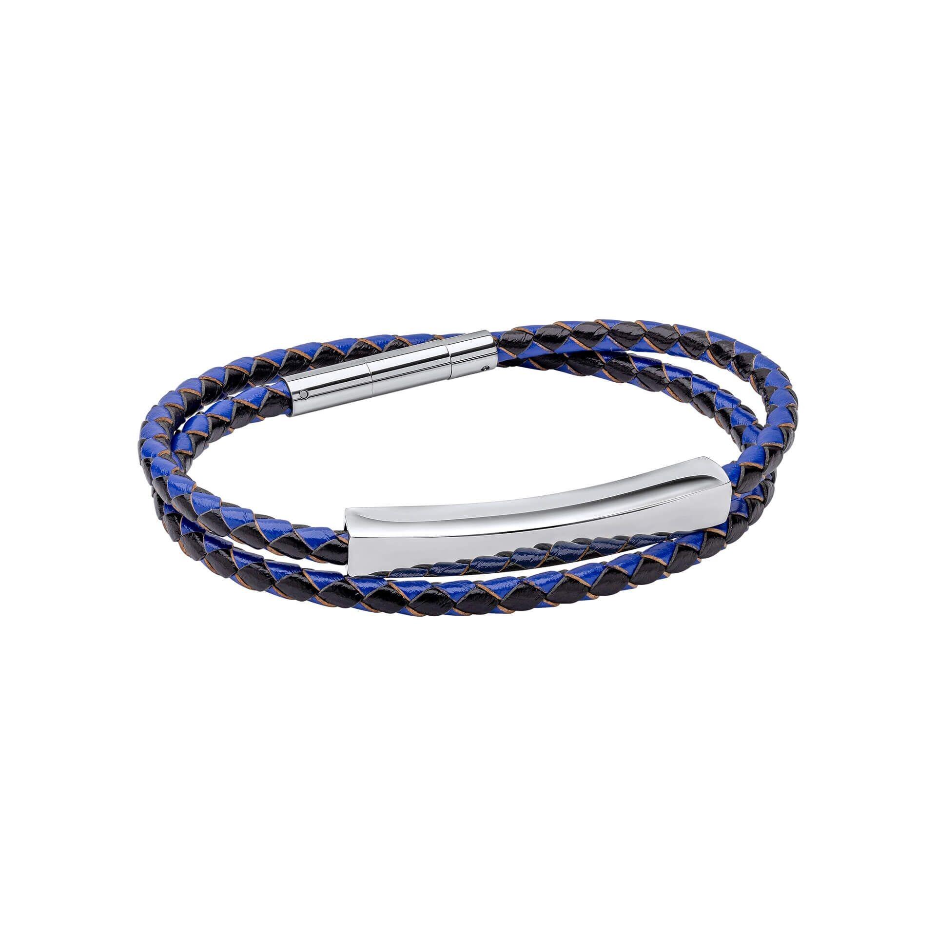 "fredbennett® Double Wrap Blue & Black Leather Bracelet – A stylish men’s bracelet crafted from braided blue and black leather, featuring an engravable stainless steel bar and secure clasp. Personalise it with free laser engraving. AnchorCert® certified and presented in luxury suede packaging from Gold and Diamonds."