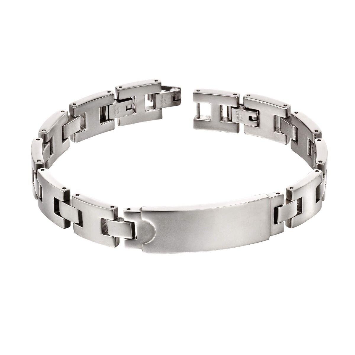 "fredbennett® Stainless Steel ID Bar Bracelet – A stylish and versatile men’s bracelet crafted from high-quality stainless steel, featuring an engravable ID bar for free custom engraving. AnchorCert® certified and presented in luxury suede packaging from Gold and Diamonds."