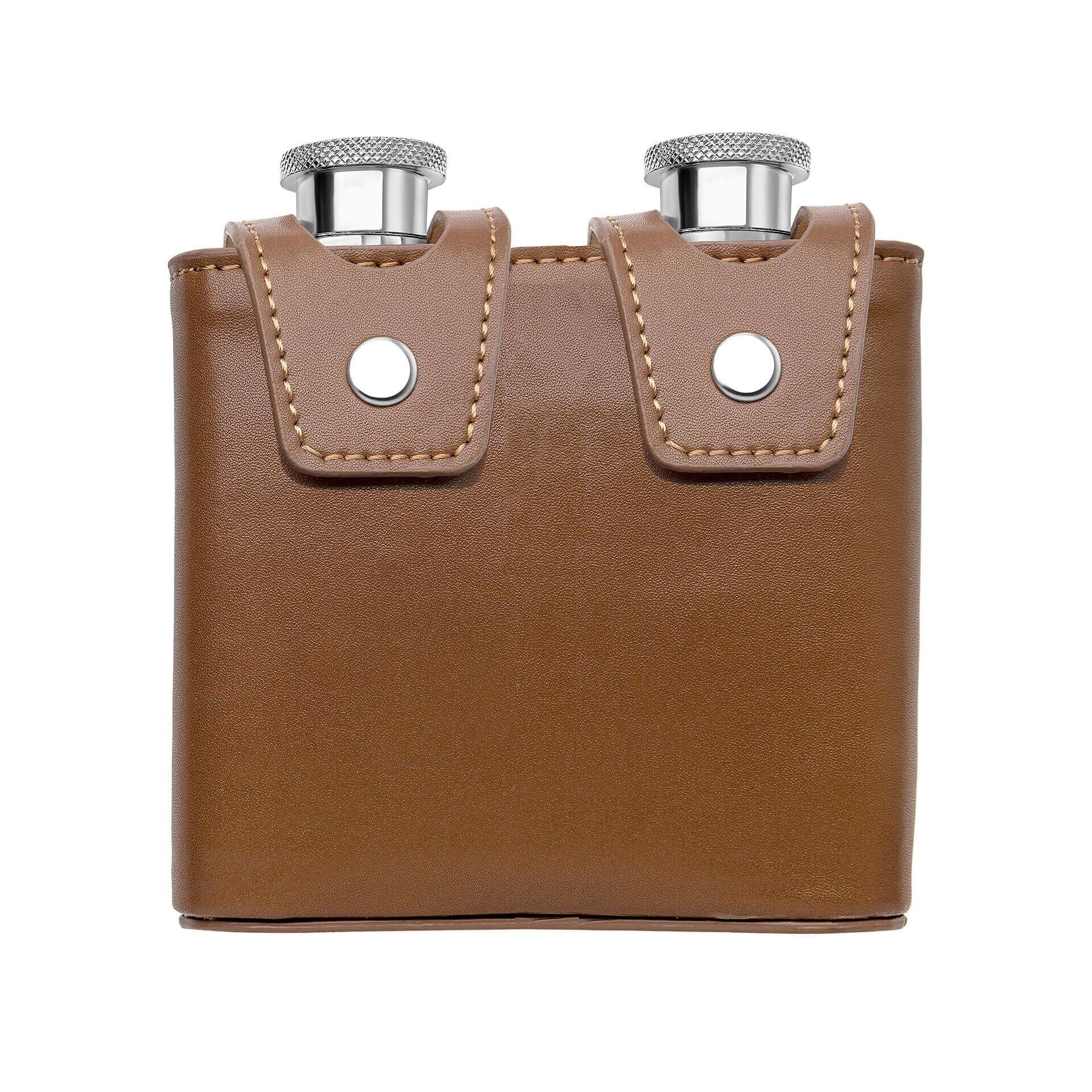 "fredbennett® Twin 3oz Brown Leather Hip Flasks in matching engraved case – perfect for sharing, adventuring, and personalising. A rugged yet refined gift for Father’s Day, birthdays, or groomsmen. Available at Gold and Diamonds."