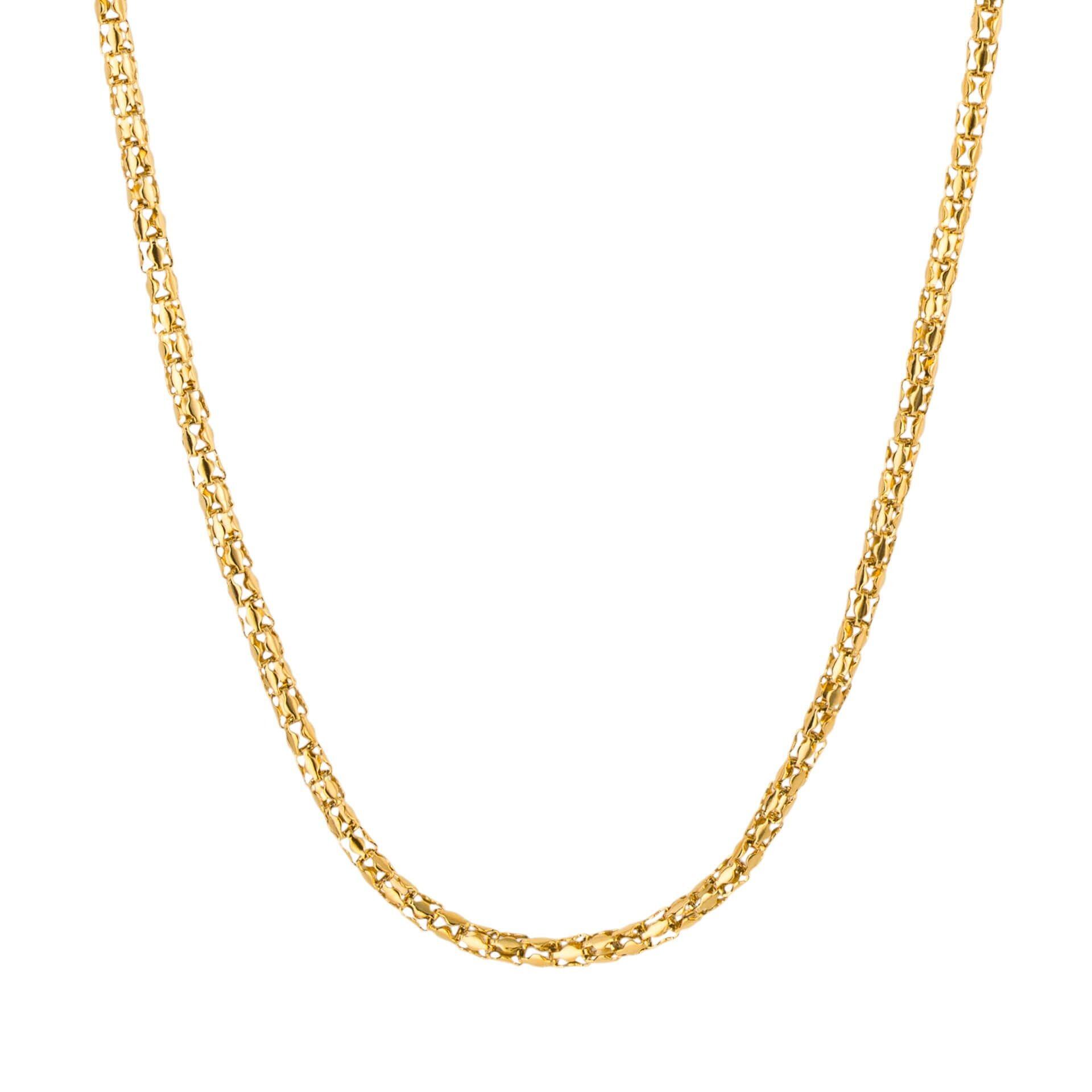 "fredbennett® 14ct Yellow Gold Plated Stainless Steel Popcorn Chain Necklace – skin-safe symbolic men’s chain with interlocking links, presented in a suede pouch. Available at Gold and Diamonds."