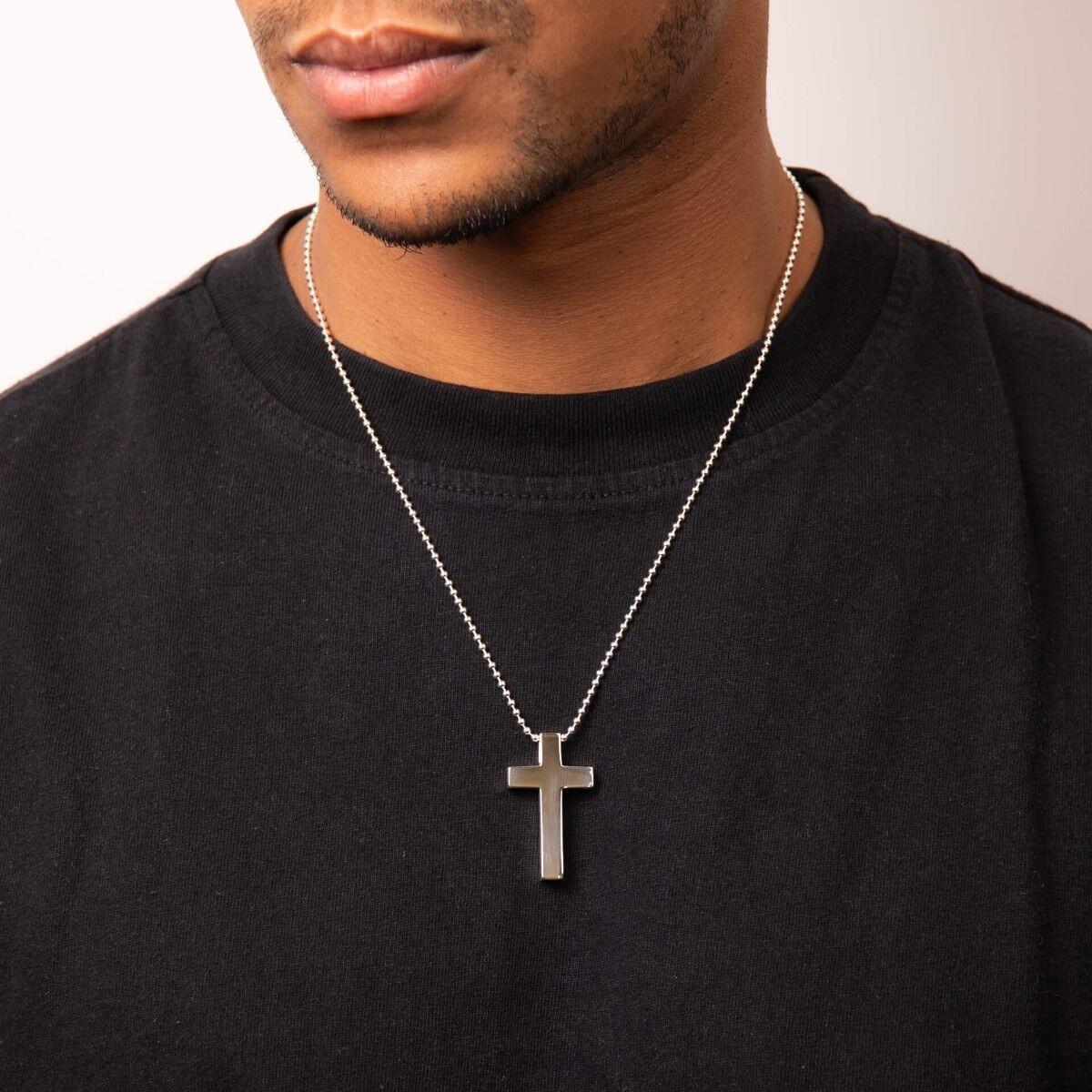 "fredbennett® Sterling Silver Plain Cross Pendant and Chain – minimalist and timeless men’s necklace crafted in skin-safe silver, presented in a suede pouch from Gold and Diamonds."