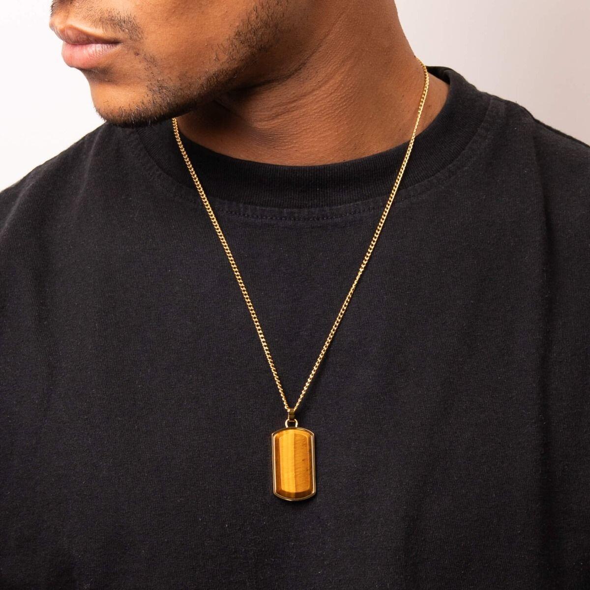 "fredbennett® Yellow Gold IP Dog Tag Necklace with Tiger’s Eye – healing men’s pendant with engravable reverse for text, handwriting or images. Presented in a suede pouch from Gold and Diamonds."