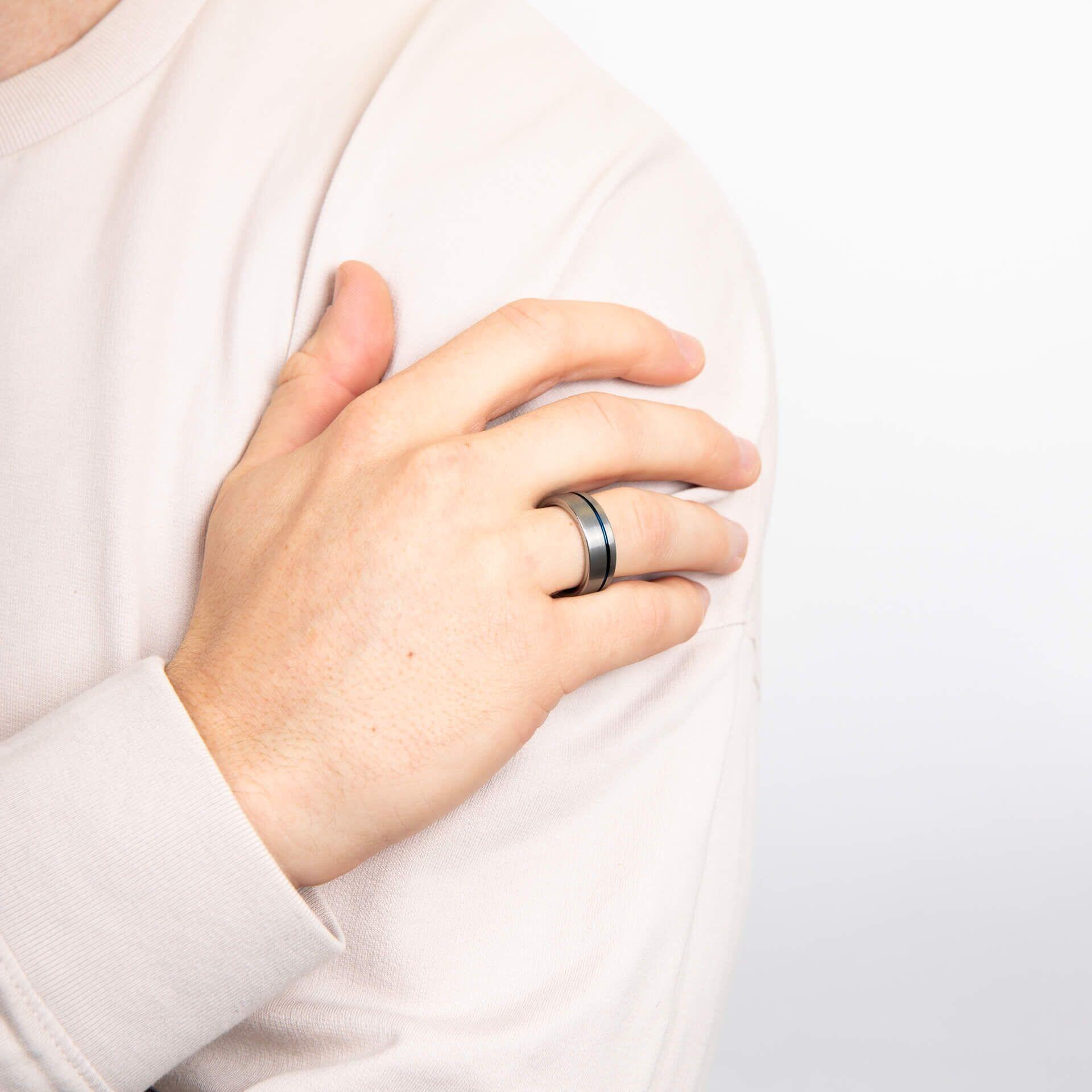 "fredbennett® 8mm Tungsten Carbide Ring with Blue Inlay – durable men’s ring with custom inner engraving for text, fingerprints, or handwriting. Gift-ready from Gold and Diamonds."