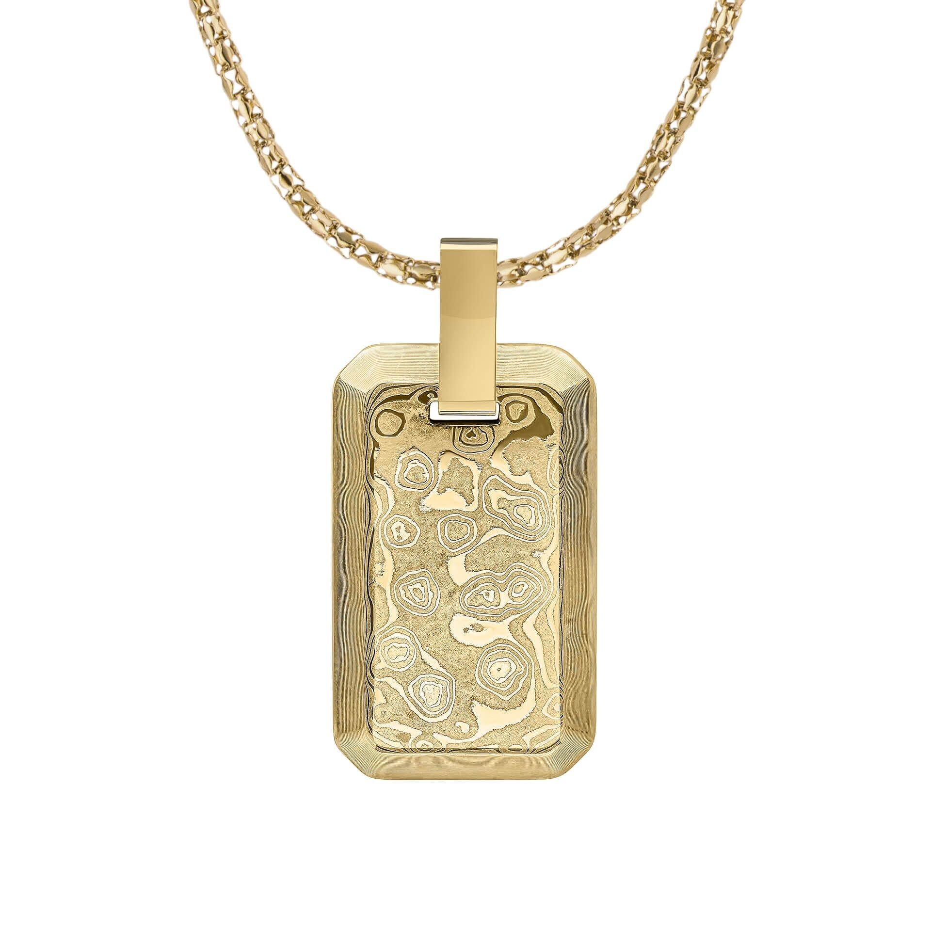 "fredbennett® Yellow Gold IP Damascus Steel Rectangle Pendant and Chain – men’s textured necklace with layered grain pattern, not suitable for engraving. Presented in a suede pouch from Gold and Diamonds."