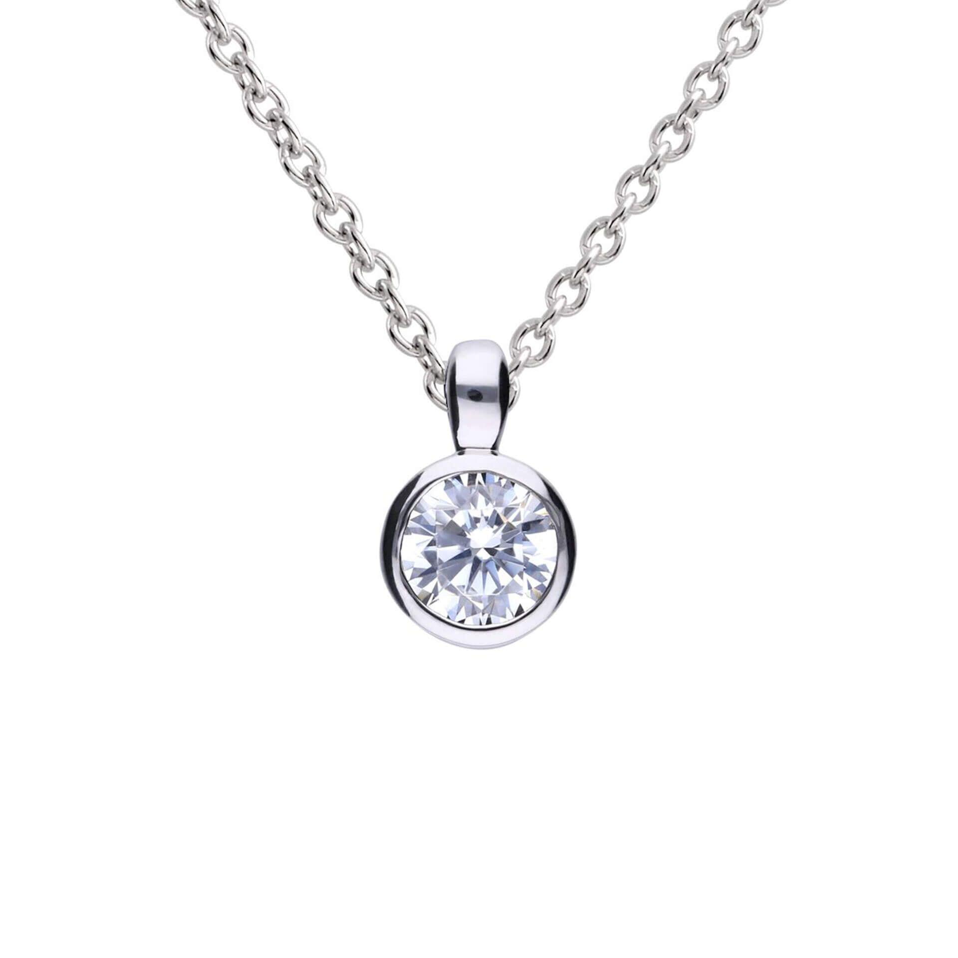 "Diamonfire® Bezel Set Round Zirconia Pendant in sterling silver, available in 0.25ct to 2.00ct, with 57-facet cut stone, triple plated and AnchorCert Pro certified skin safe, presented in luxury silk packaging—ideal for weddings and special occasions."