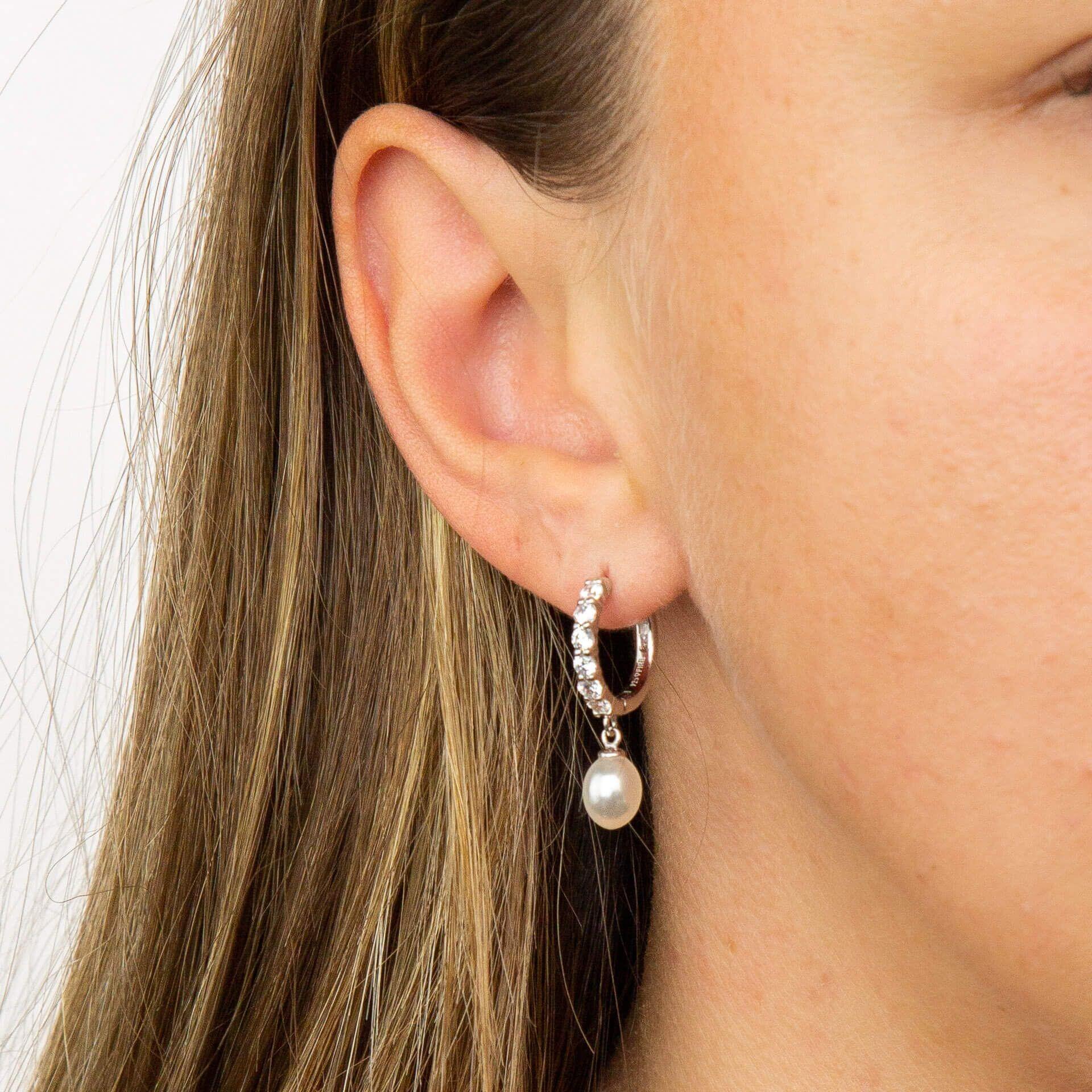 Diamonfire® Pearl Drop Hoop Earrings in Triple Plated Sterling Silver with 57-Facet Zirconia Stones – Elegant Bridal Jewellery by Gold and Diamonds