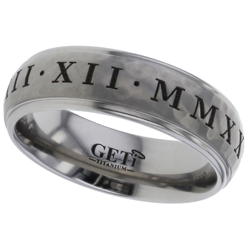 Geti titanium wedding band with hammered centre and Roman numeral engraving by Gold and Diamonds