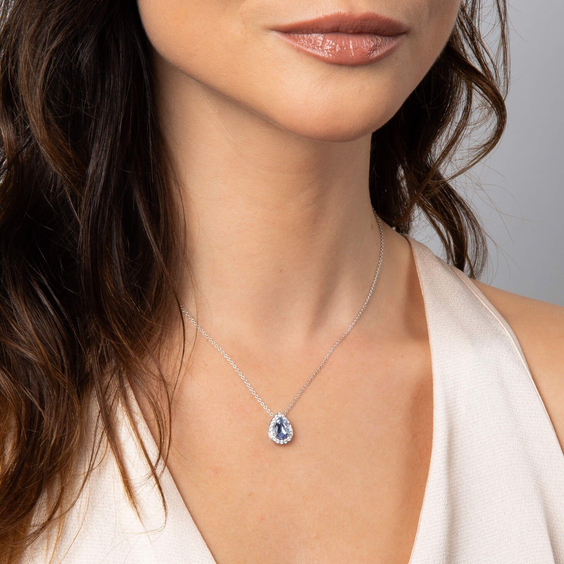 Diamonfire® Aquamarine Blue Pear-Cut Halo Zirconia Pendant in Triple Plated Sterling Silver with 57-Facet Stones – Luxury Jewellery by Gold and Diamonds