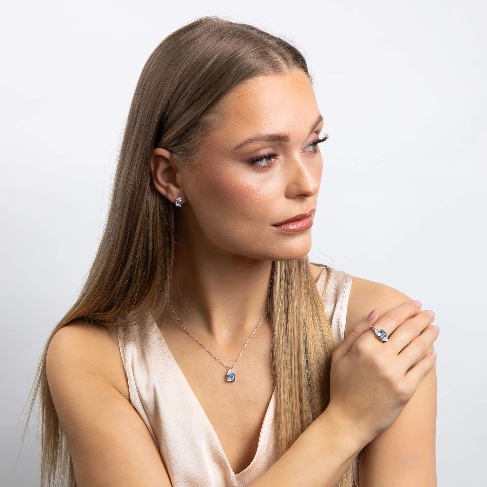 Diamonfire® Sapphire Blue Square-Cut Zirconia Jewellery Set Featuring Earrings and Pendant in Triple Plated Sterling Silver – Elegant Bridal Jewellery by Gold and Diamonds