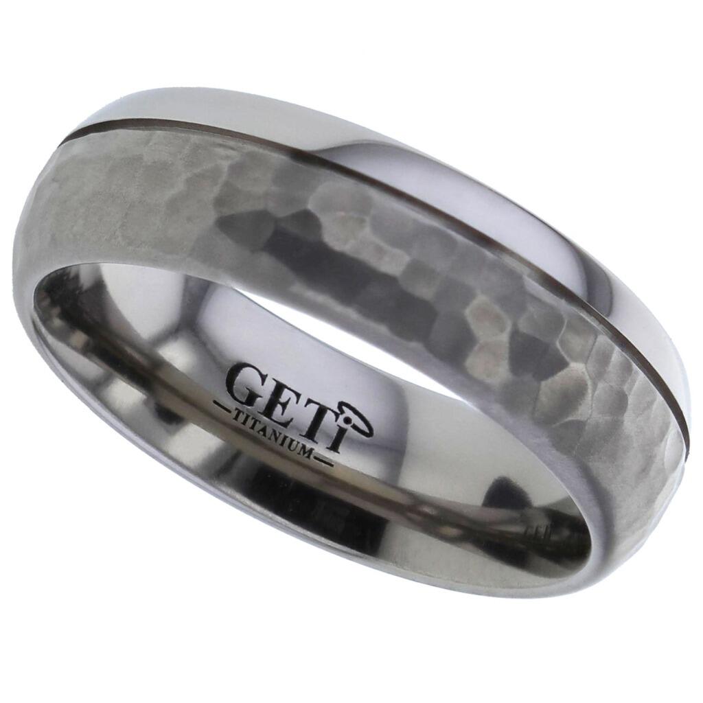 Traditional court Geti titanium wedding band with hammered satin finish and polished offset detail by Gold and Diamonds