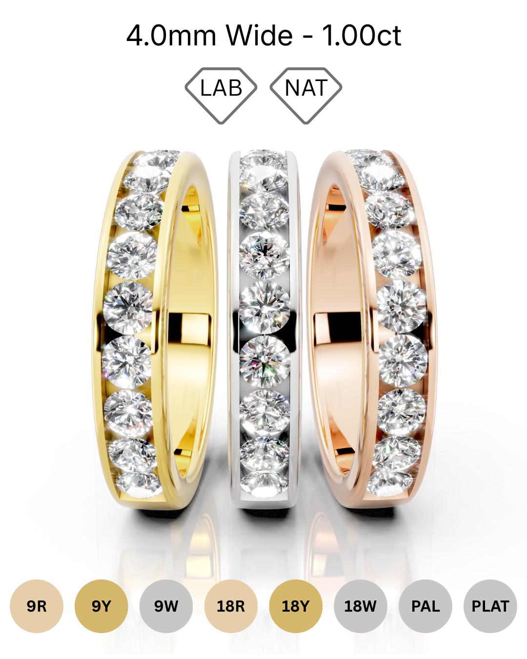 4mm channel set diamond wedding band 1ct round diamonds 50 percent set in gold platinum and palladium