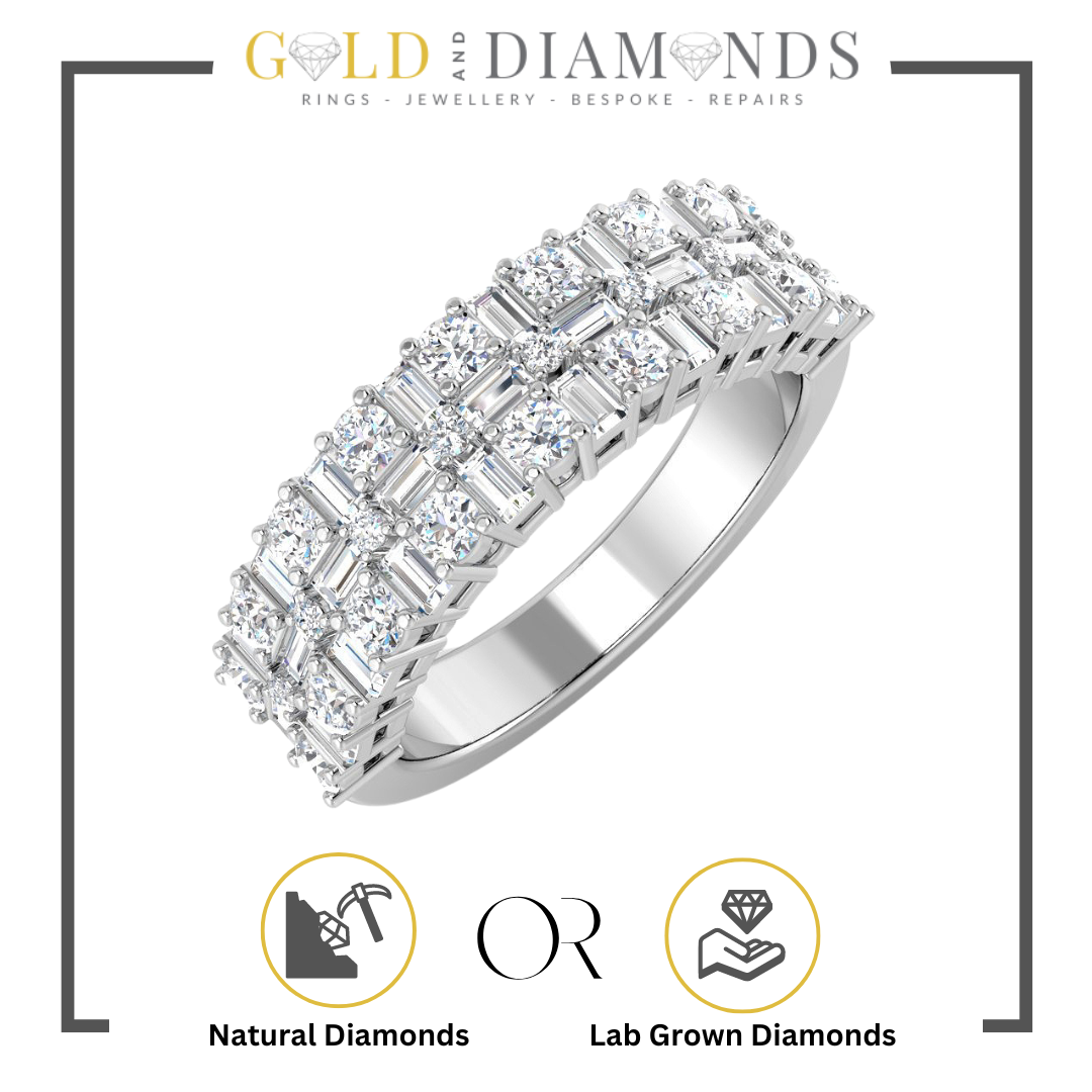 1.11ct Round and Baguette Diamond Set Wedding Ring in Yellow, Rose, White Gold, and Platinum