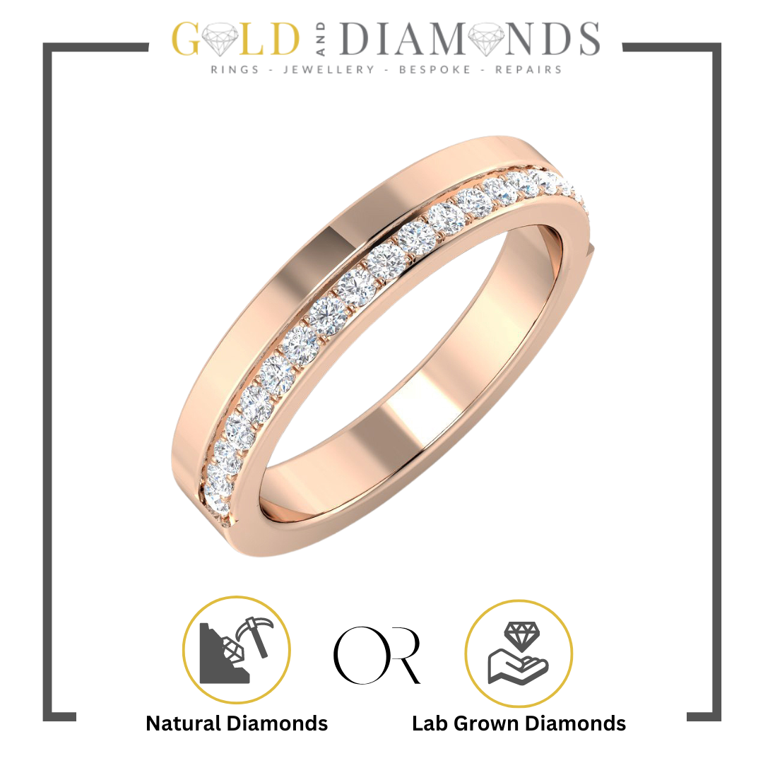 3.5mm Wide Ladies 0.23ct Diamond Set Wedding Ring with Edge Grain Setting in Yellow, Rose, White Gold, and Platinum