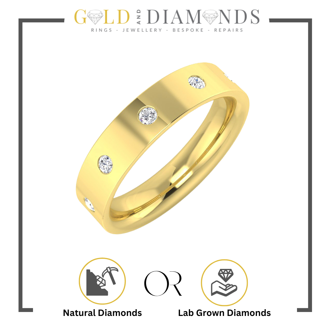 4mm Wide 0.16ct Wedding Ring with 5 Diamonds in Rubover/Flush Setting in Yellow, Rose, White Gold, and Platinum