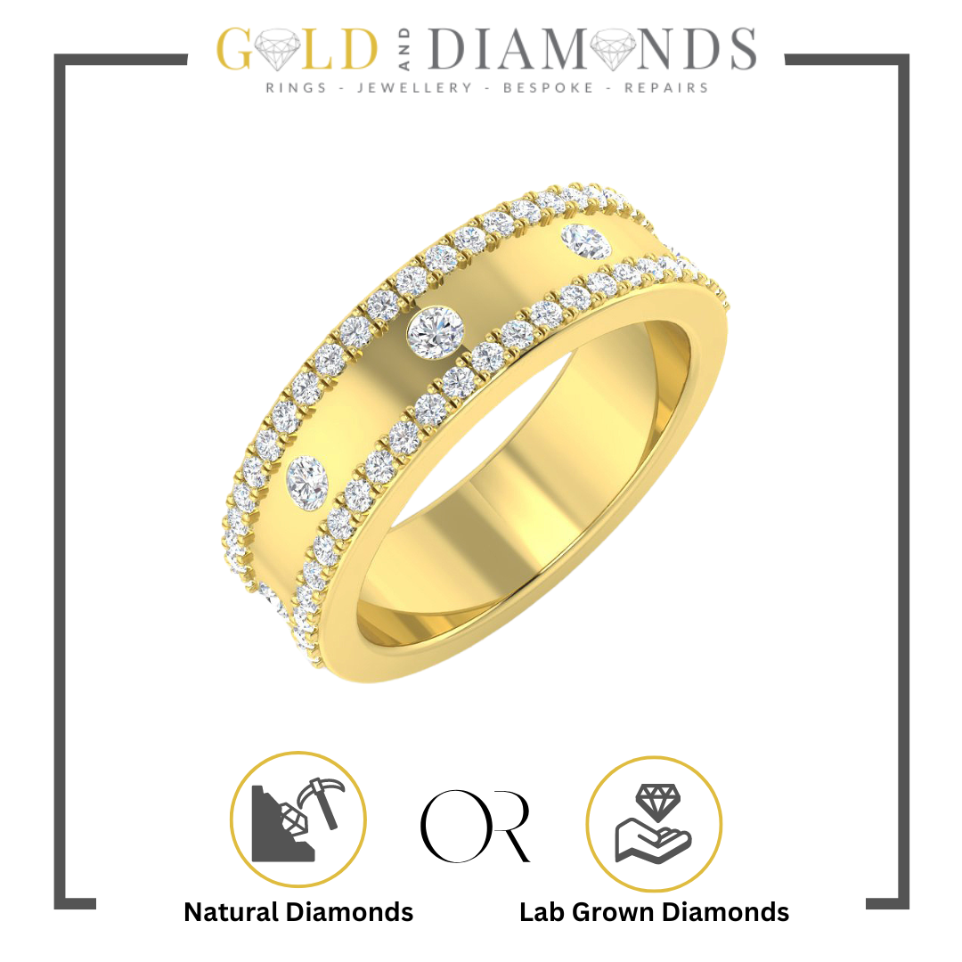5.5mm Wide 0.56ct Diamond Wedding Ring with Flush and Grain Set Diamonds in Yellow, Rose, White Gold, and Platinum