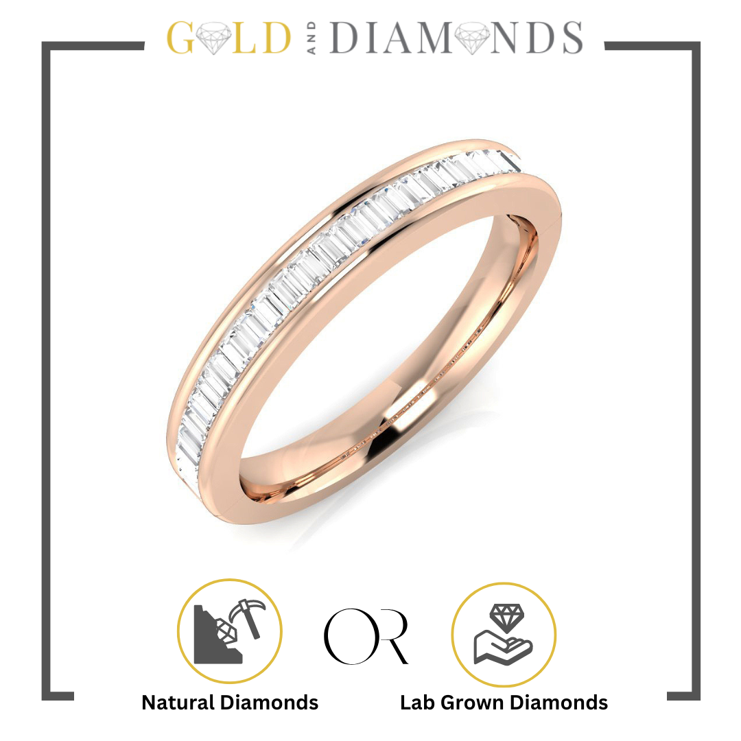 baguette cut diamond eternity ring, 0.44ct baguette diamond band, half set eternity ring, 3mm wide diamond eternity ring, natural and lab-grown diamond options, Gold and Diamonds bespoke eternity ring, channel set diamond ring, platinum baguette cut diamond ring, rose gold baguette diamond ring