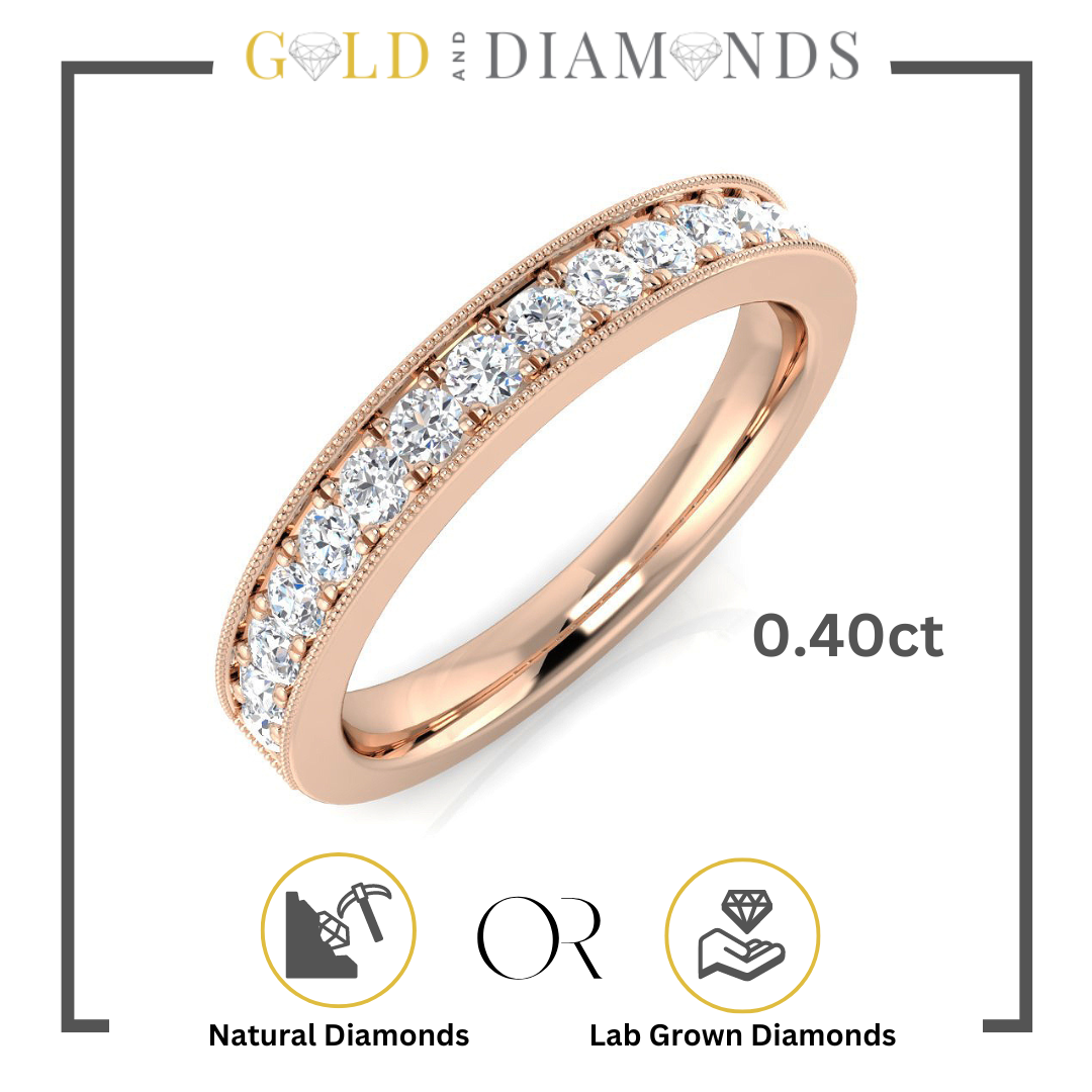 channel set diamond eternity ring, 0.19ct diamond ring, 0.27ct diamond eternity band, 0.40ct channel set diamond ring, 0.65ct millgrain diamond ring, Gold and Diamonds eternity ring, fine millgrain diamond band, natural and lab-grown diamonds eternity ring