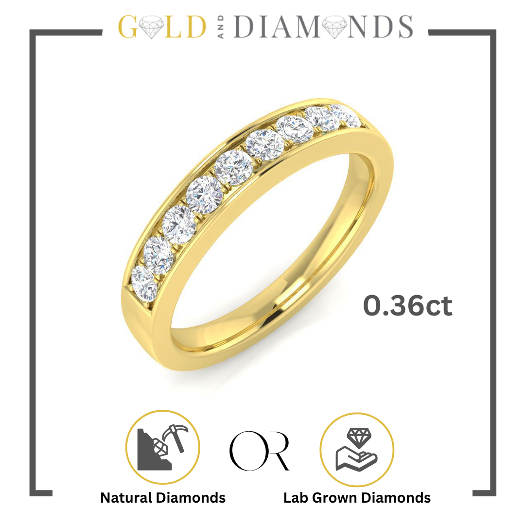 Channel-Grain Set Half Eternity Ring with Natural or Lab-Grown Diamonds in Gold or Platinum. Gold and Diamonds