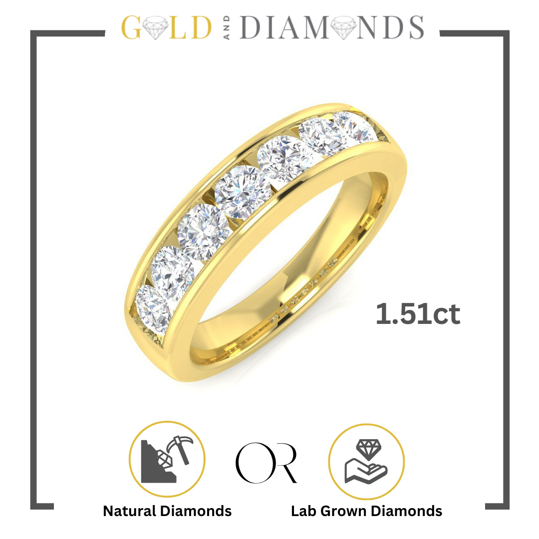 Channel Set Half Eternity Ring with 7 Diamonds in Gold or Platinum, Natural or Lab-Grown Diamonds