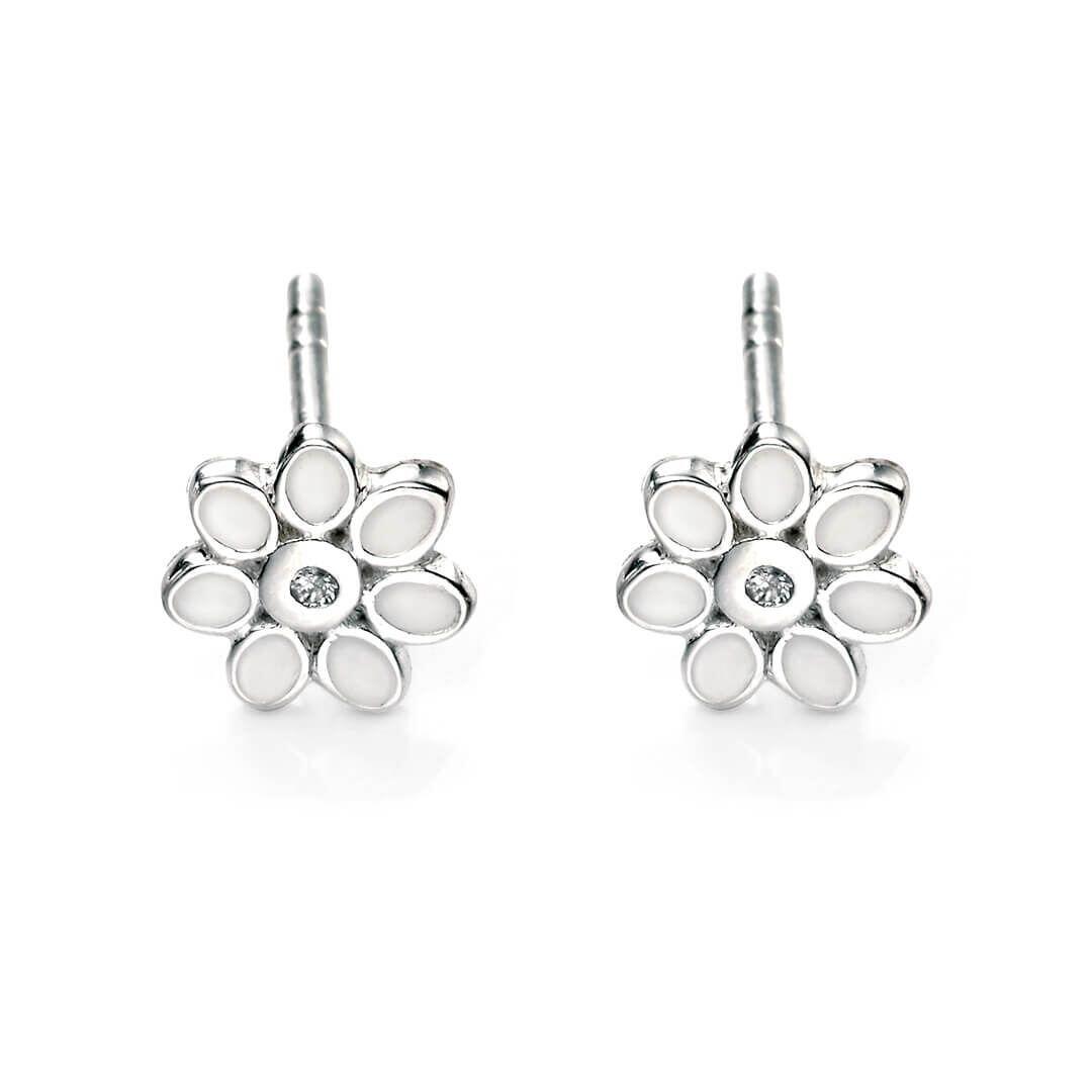 Daisy jewellery set featuring pendant and stud earrings with diamonds in recycled sterling silver and platinum plating, children's jewellery by Gold and Diamonds