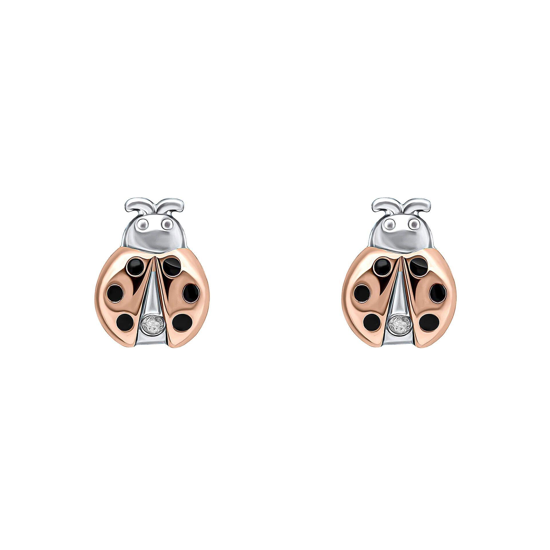 Ladybird stud earrings with diamonds, crafted in recycled sterling silver with platinum and rose gold plating, featuring black enamel spots, children's jewellery by Gold and Diamonds