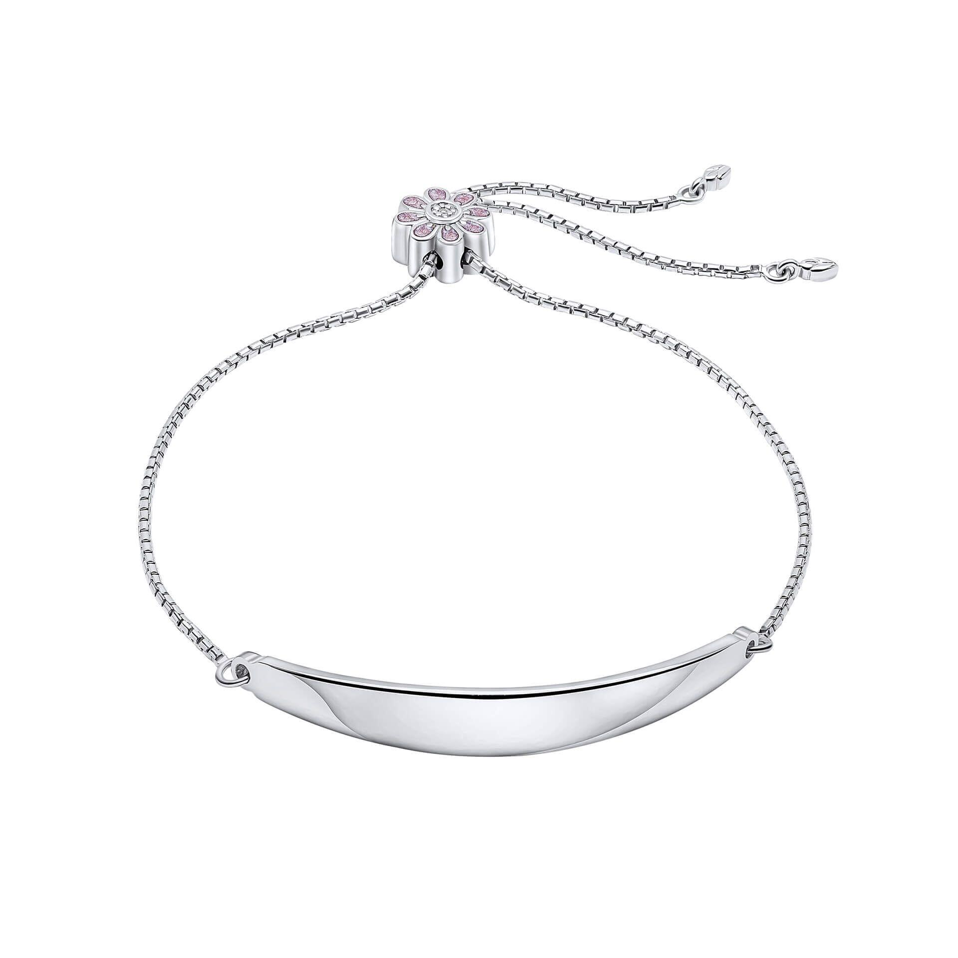 Pink flower toggle bracelet with diamond in recycled sterling silver and platinum plating, featuring engraving bar, children's jewellery by Gold and Diamonds