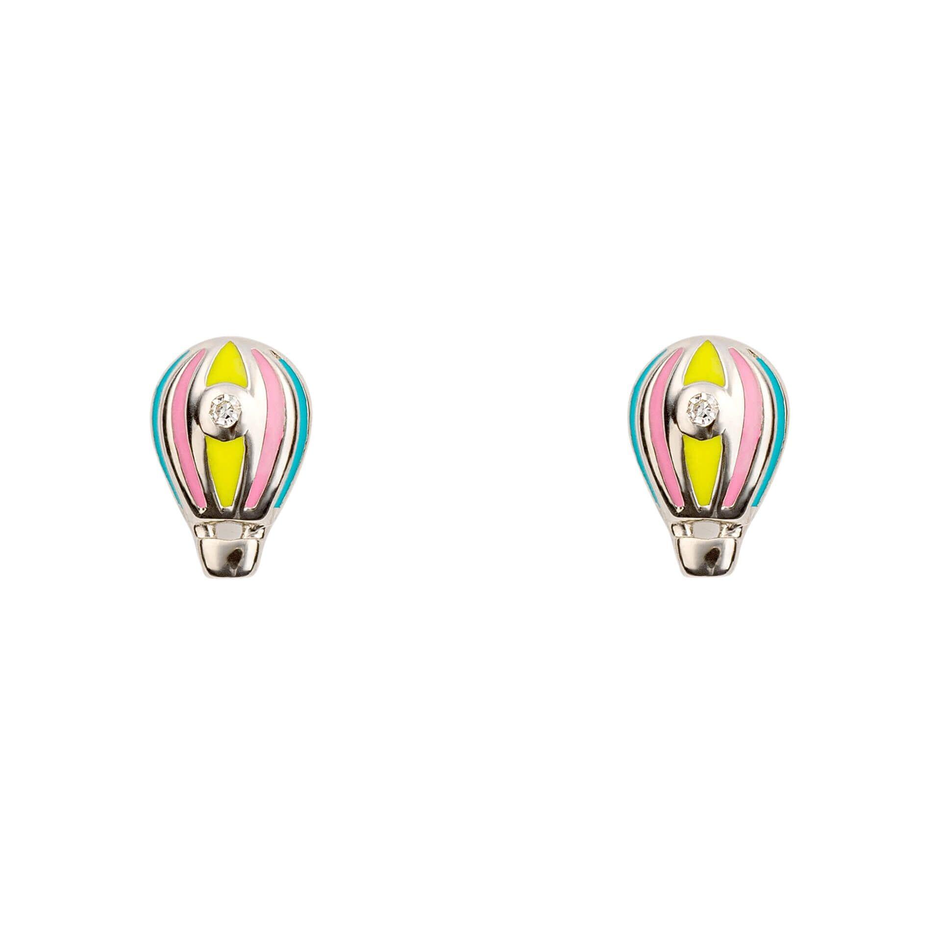 Hot air balloon stud earrings with diamonds, crafted in recycled sterling silver with colourful enamel detailing, children's jewellery by Gold and Diamonds