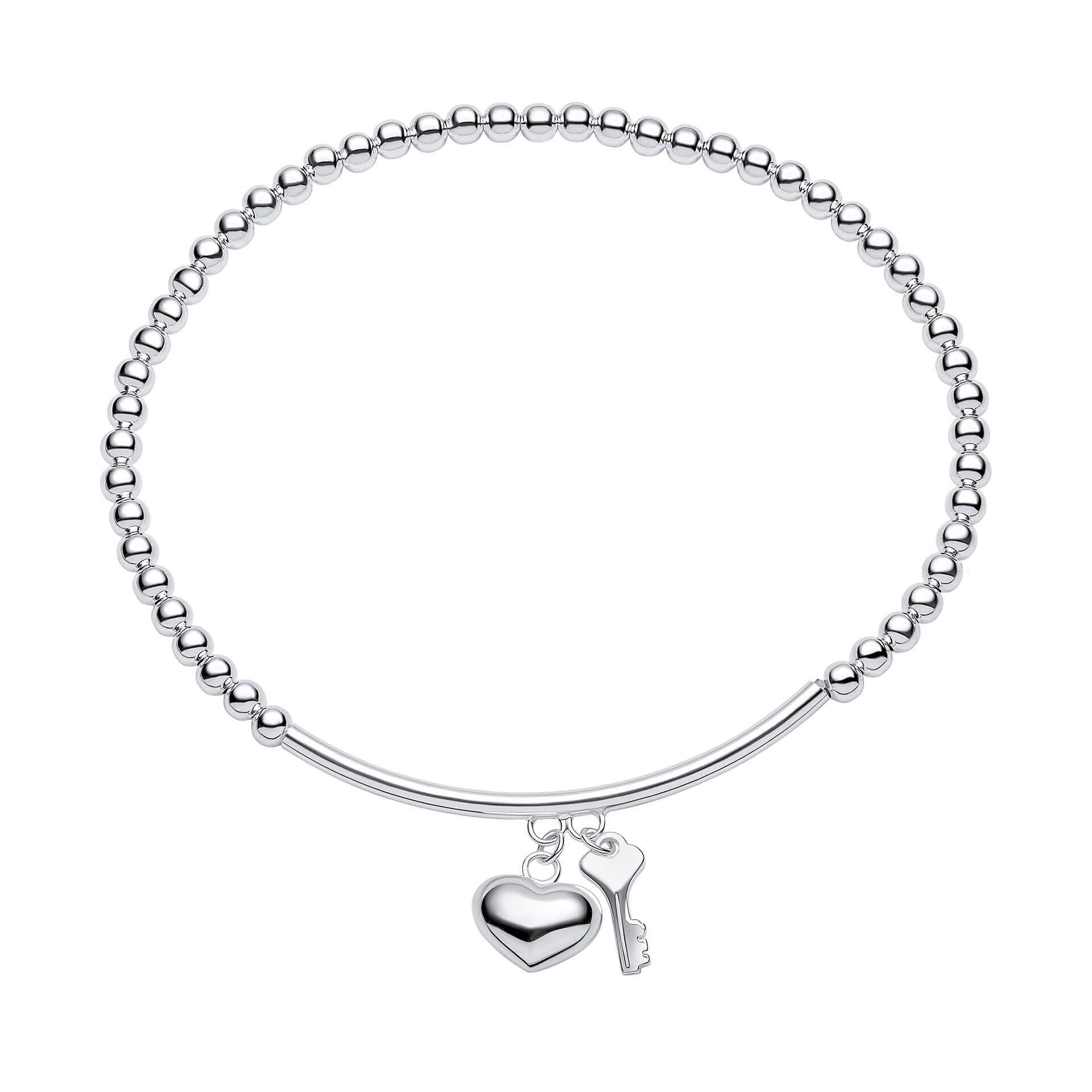 "Recycled sterling silver beaded bracelet with engravable heart charm, personalised engraving, and certified skin-safe jewellery from Gold and Diamonds"
