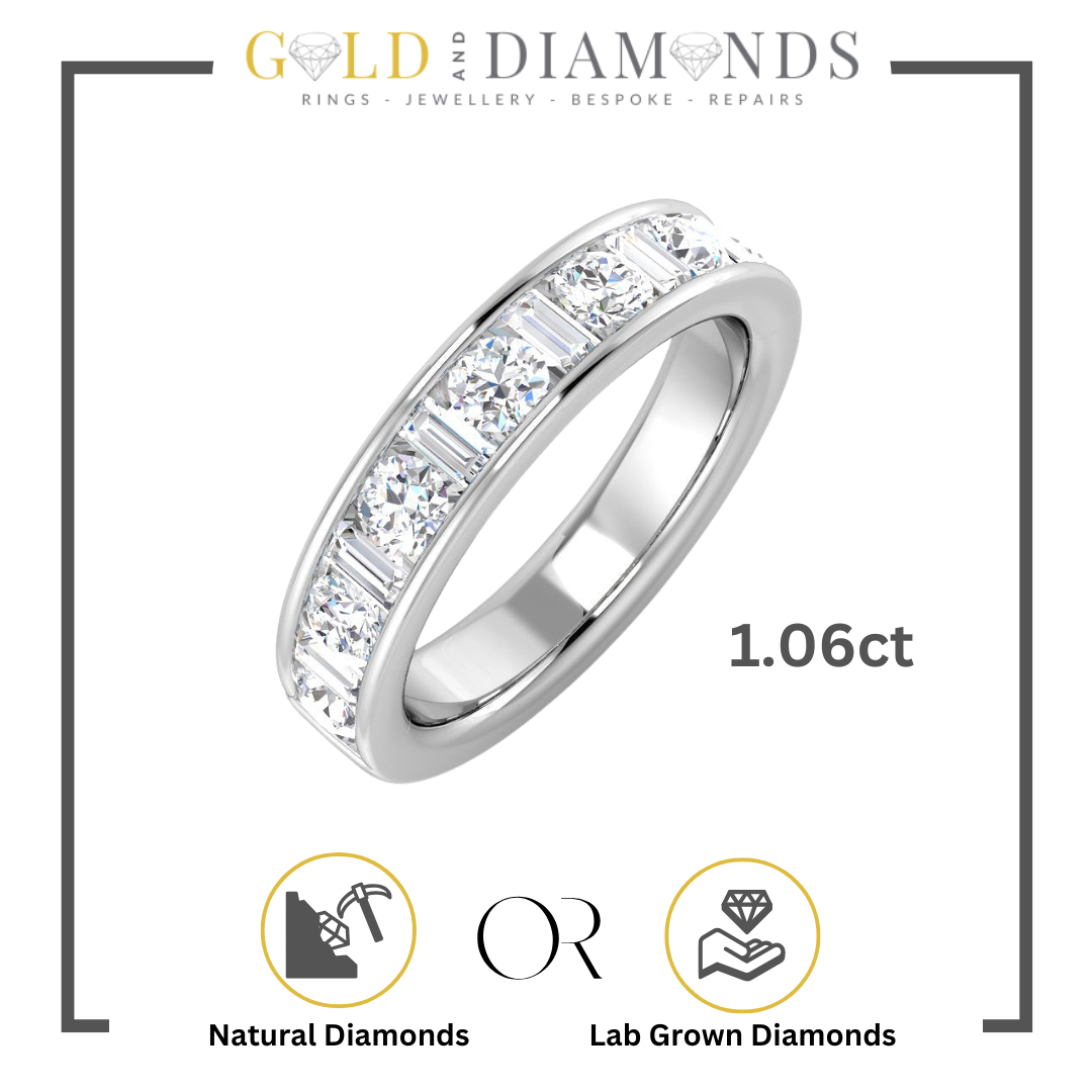 "Channel Set Half Eternity Ring with Round and Baguette Diamonds in Gold or Platinum by Gold and Diamonds UK"