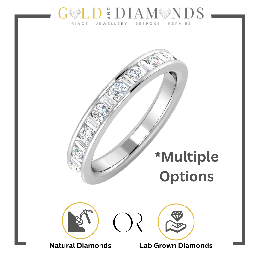"Channel Set Half Eternity Ring with Round and Baguette Diamonds in Gold or Platinum by Gold and Diamonds UK"