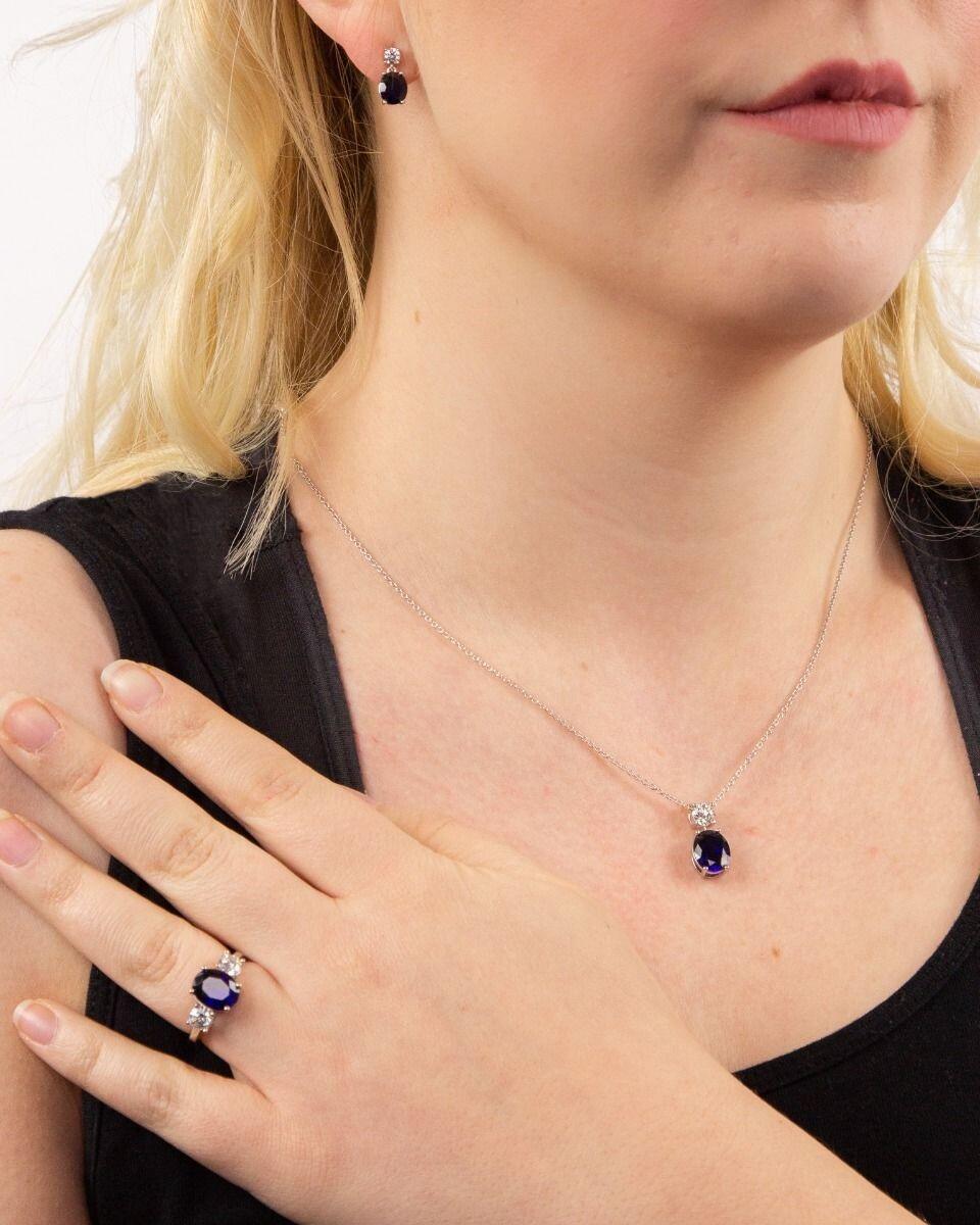 Diamonfire™ 5.70ct Oval Blue Sapphire Zirconia Trilogy Ring in Sterling Silver with Triple Plating, Certified Skin Safe, Featuring a Deep Blue Centre Stone