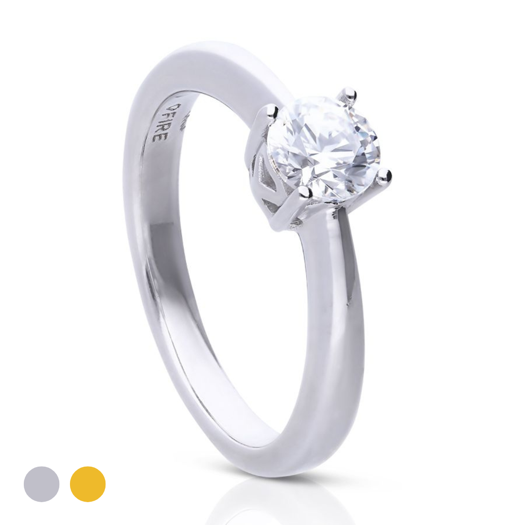 Diamonfire® 0.75ct Solitaire Ring with 4 Claw Setting in Sterling Silver, available in Platinum or 24K Gold Plated Triple Finish, presented in exclusive Diamonfire® silk packaging with a luxury gift box and bag.