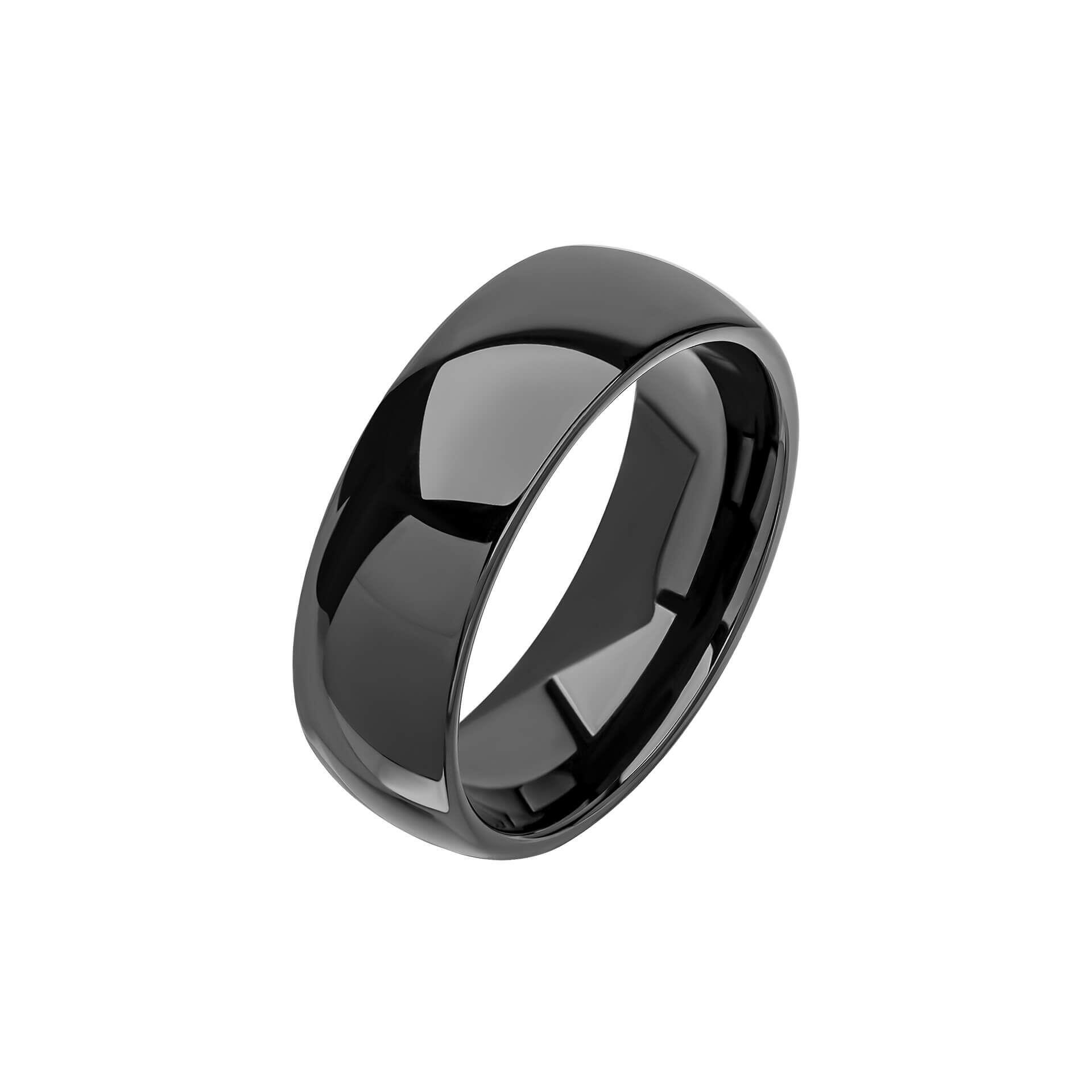 "8mm Comfort Feel Polished IP Black Plated Tungsten Ring featuring sleek black plating and Anchor Cert Protect skin safety, presented in a branded suede wallet."
