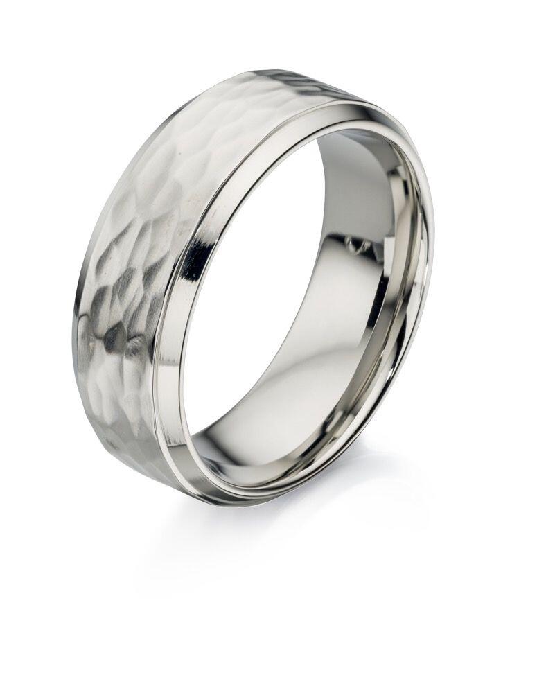 "6mm Stainless Steel Ring with hammered texture and brushed finish, AnchorCert Pro certified skin safe, presented in a branded suede pouch, by fredbennett®."