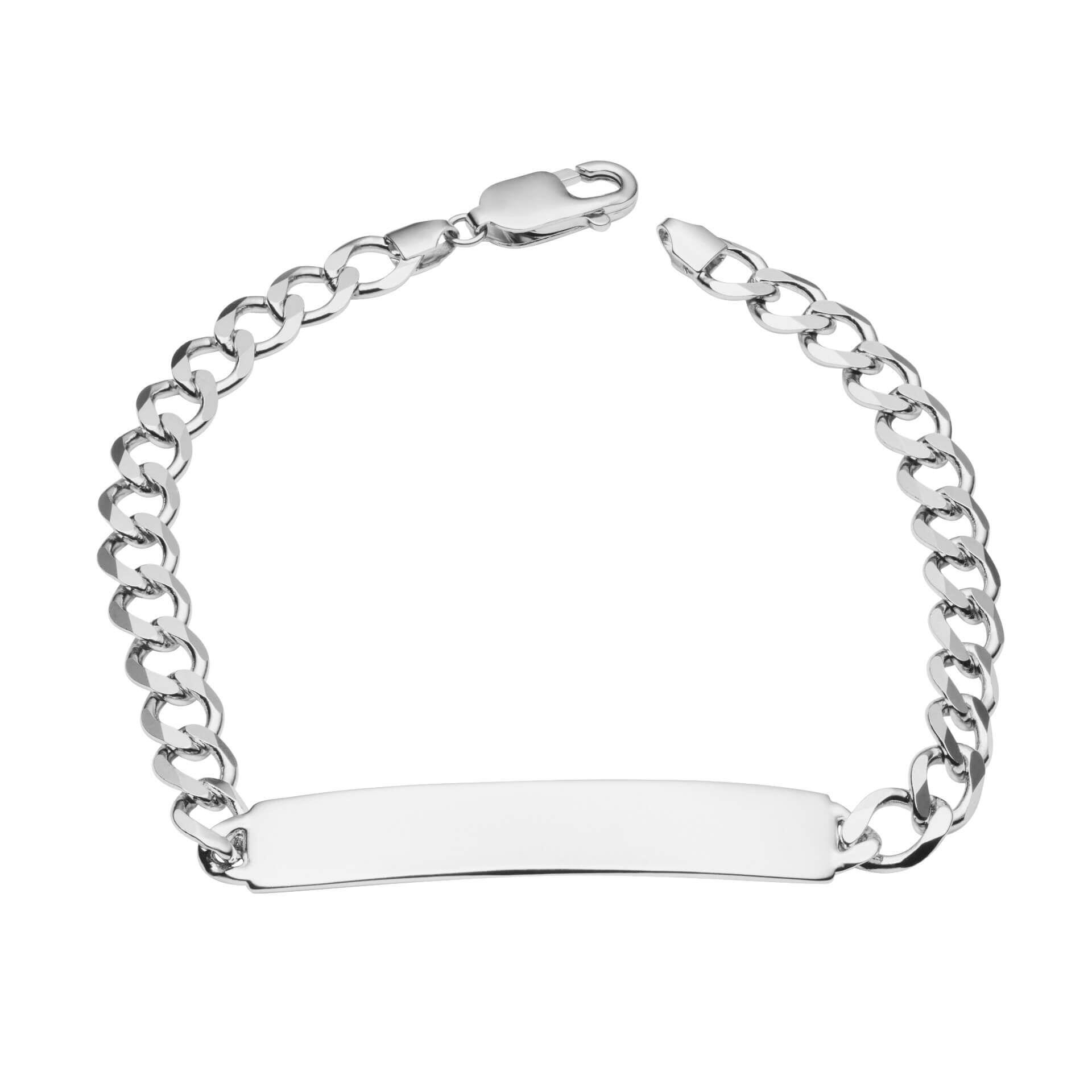 "Engravable ID Bar Curb Chain Bracelet in recycled sterling silver with platinum plating, 23cm length, AnchorCert Pro certified skin safe, presented in a branded premium suede pouch in a branded gift box by fredbennett®."