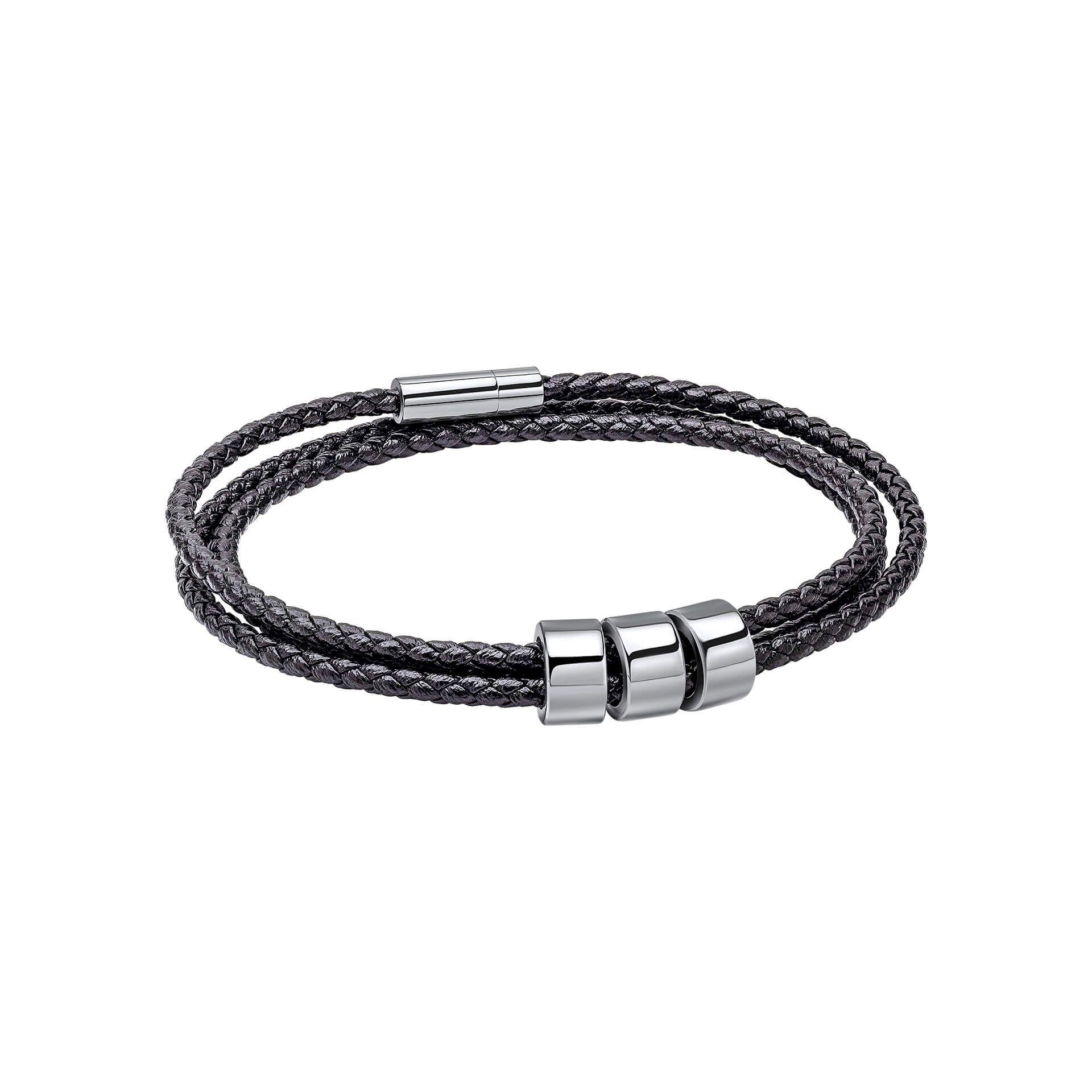 "Triple Layer Black Leather Bracelet with polished stainless steel beads, secure magnetic clasp, and AnchorCert Pro certified skin safe, presented in a branded premium suede pouch in a branded gift box by fredbennett®."