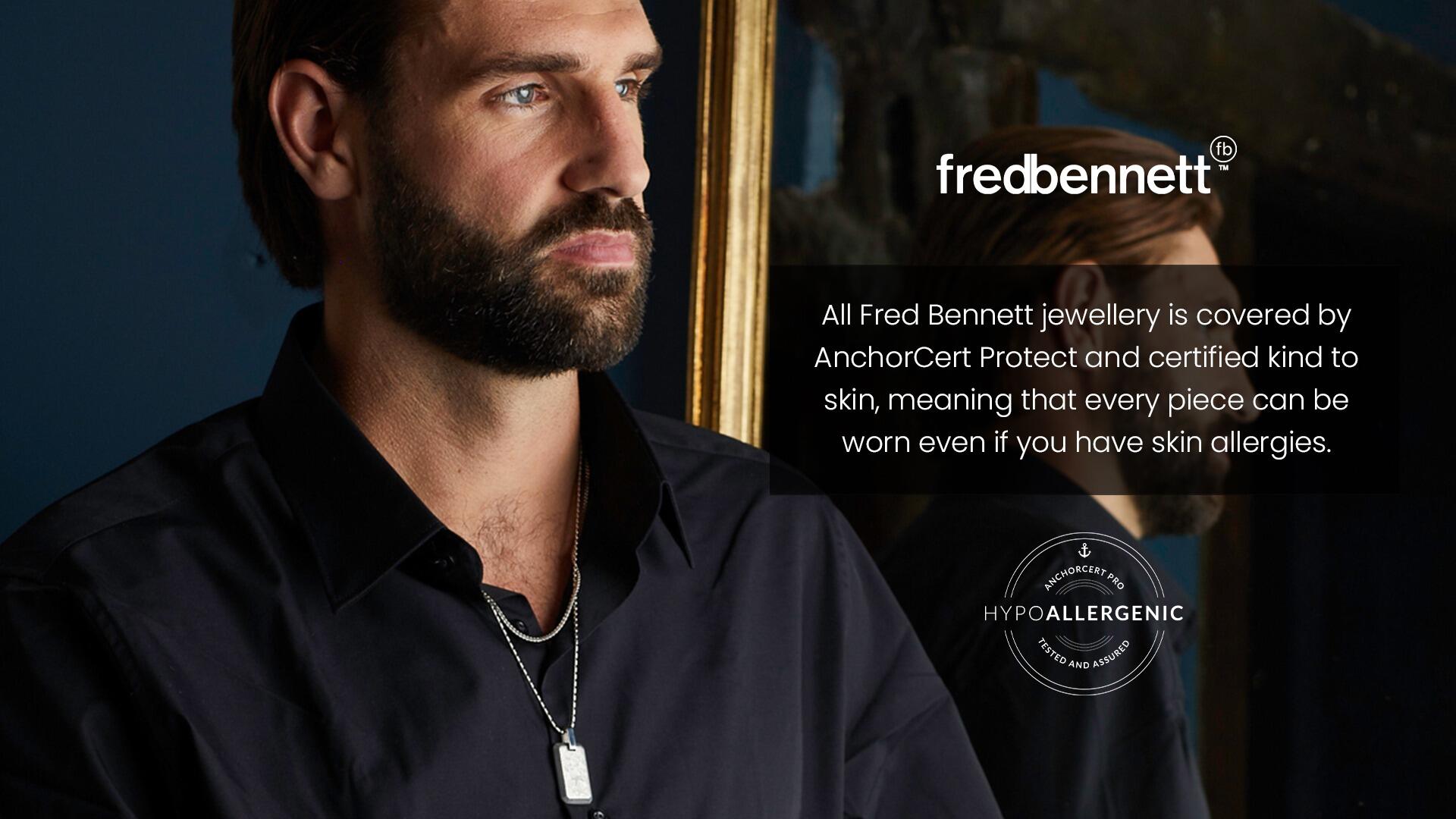 "fredbennett® Blue Hematite Bead Bracelet – Stylish men’s bracelet featuring natural blue and green hematite beads with stainless steel accents. A rugged yet refined accessory inspired by nature, presented in luxury suede packaging."