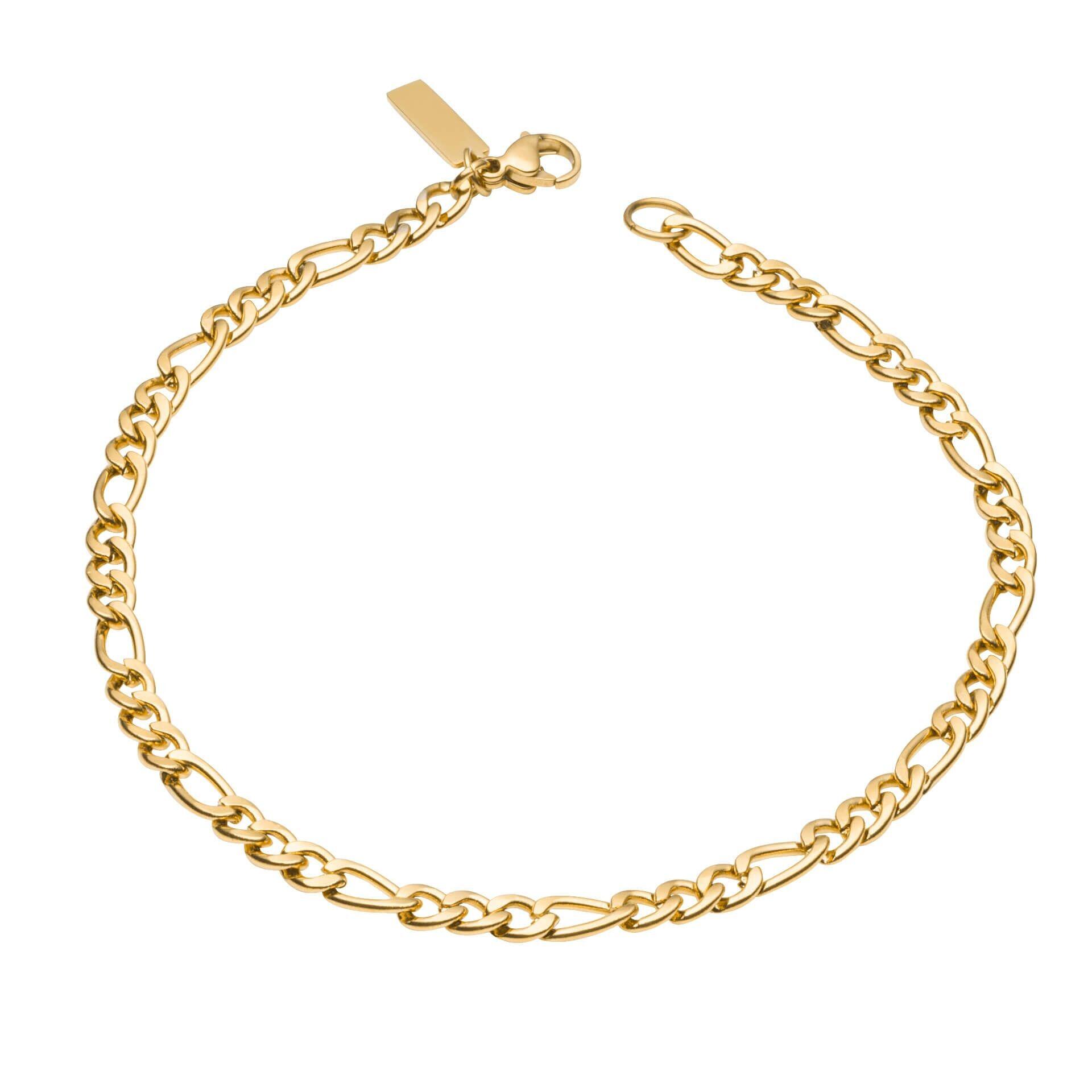 "fredbennett® Figaro Link Chain Bracelet – A stylish and timeless men’s bracelet crafted from stainless steel with yellow gold IP plating, designed for everyday elegance. Perfect for all occasions and pairs beautifully with the matching Figaro link chain necklace. AnchorCert® certified and presented in luxury suede packaging from Gold and Diamonds."