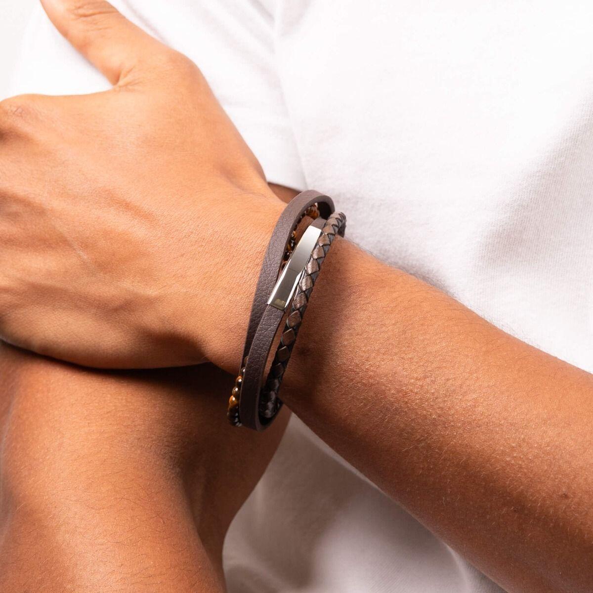 "fredbennett® Multi-Row Brown Leather & Tiger’s Eye Bracelet – A stylish men’s bracelet crafted from genuine brown leather and natural Tiger’s Eye beads, featuring an engravable stainless steel ID bar. Free custom engraving available. AnchorCert® certified and presented in luxury suede packaging from Gold and Diamonds."