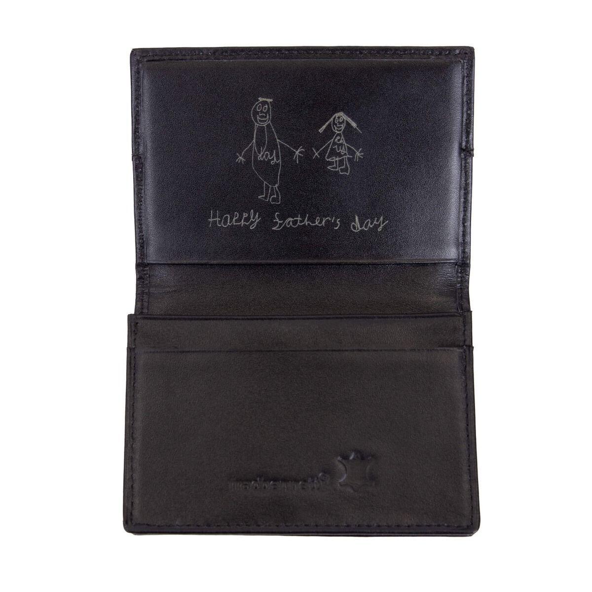 "fredbennett® Black Leather Card Holder with red stitching – genuine leather card holder with free engraving of text, handwriting or a child’s drawing. A personal gift for groomsmen, dads or partners. Available at Gold and Diamonds."