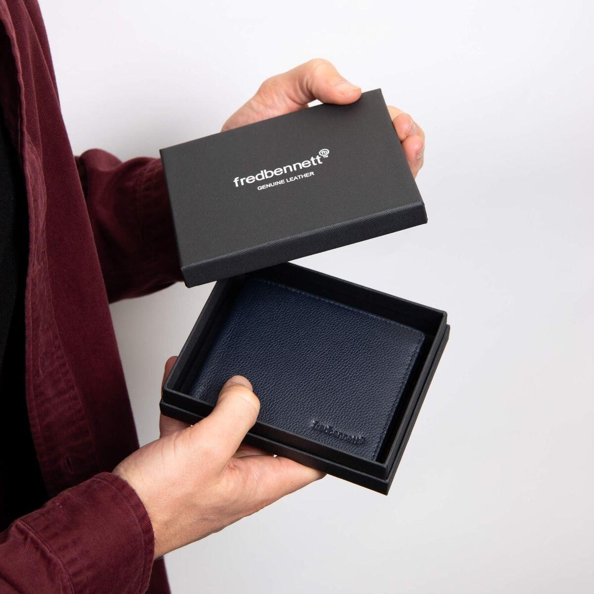 "fredbennett® Navy Blue Genuine Leather Wallet – crafted from high-quality leather with free laser engraving for a name, date or child’s handwriting. A personal and stylish gift for men, available at Gold and Diamonds."