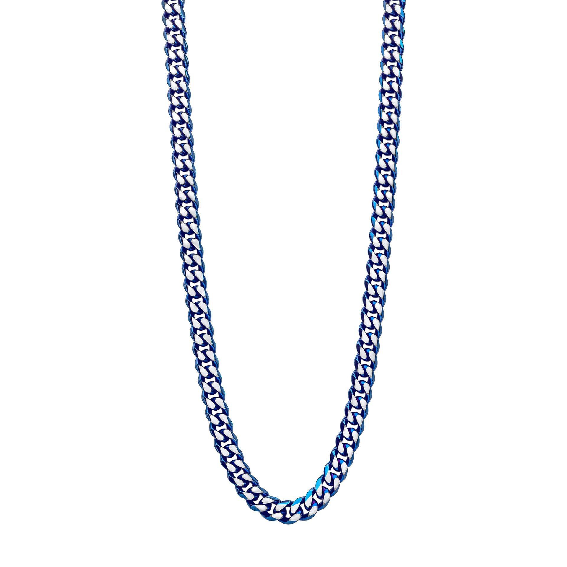 "fredbennett® Blue Stainless Steel Chain Necklace – a skin-safe men’s necklace with iridescent blue plating, bold curb chain design, and presented in a branded fredbennett® suede pouch. Available at Gold and Diamonds."