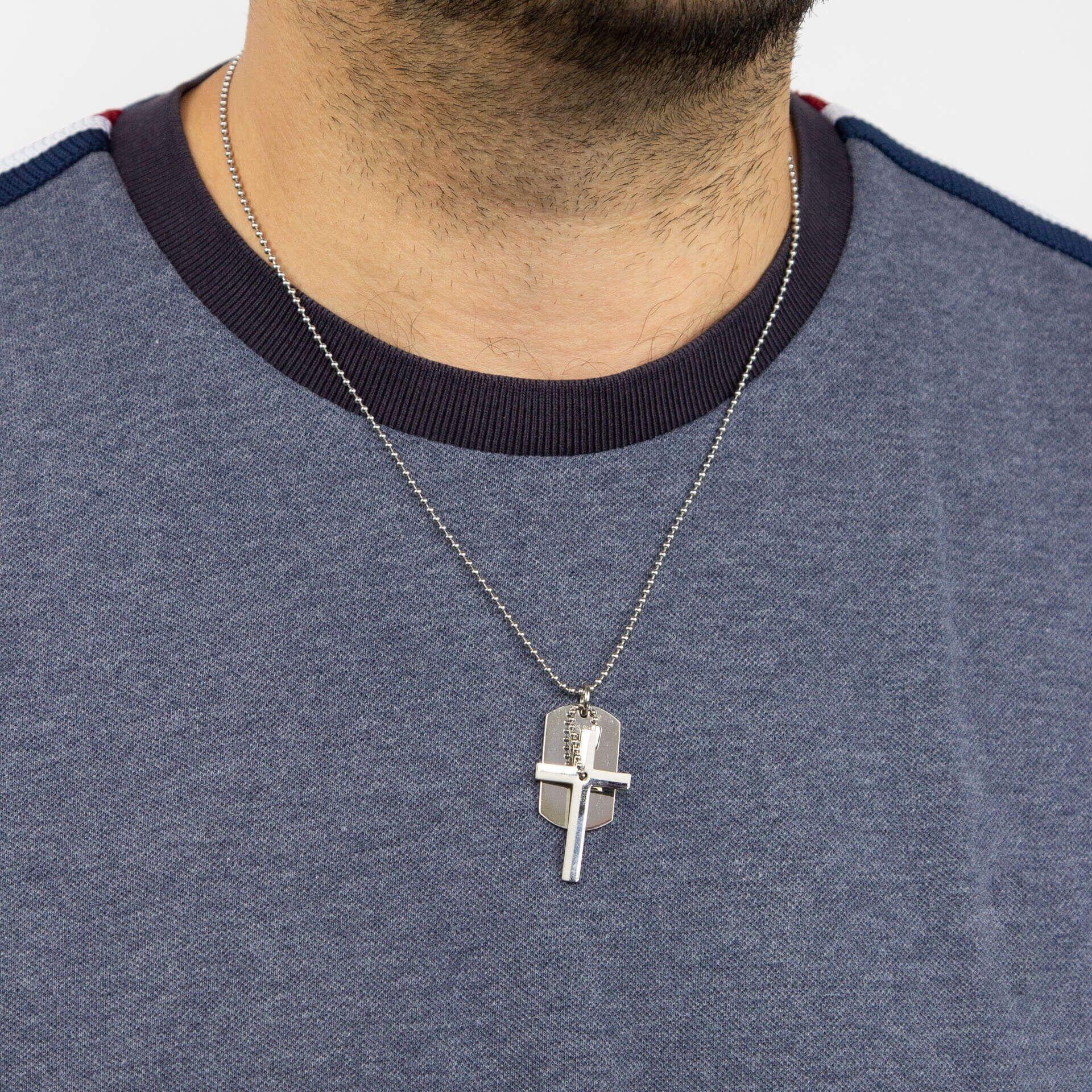 "fredbennett® Stainless Steel Cross and Medical Dog Tag Necklace – stylish, engravable men’s necklace with 50cm chain, perfect for medical or personal info. Skin-safe and gift-ready from Gold and Diamonds."