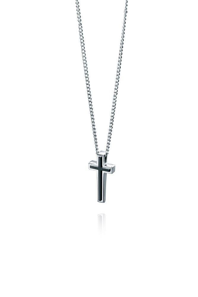 "fredbennett® Black IP Stainless Steel Cross Pendant and Chain – bold contrast cross necklace for men with black detailing, skin-safe and presented in a suede pouch. Available at Gold and Diamonds."