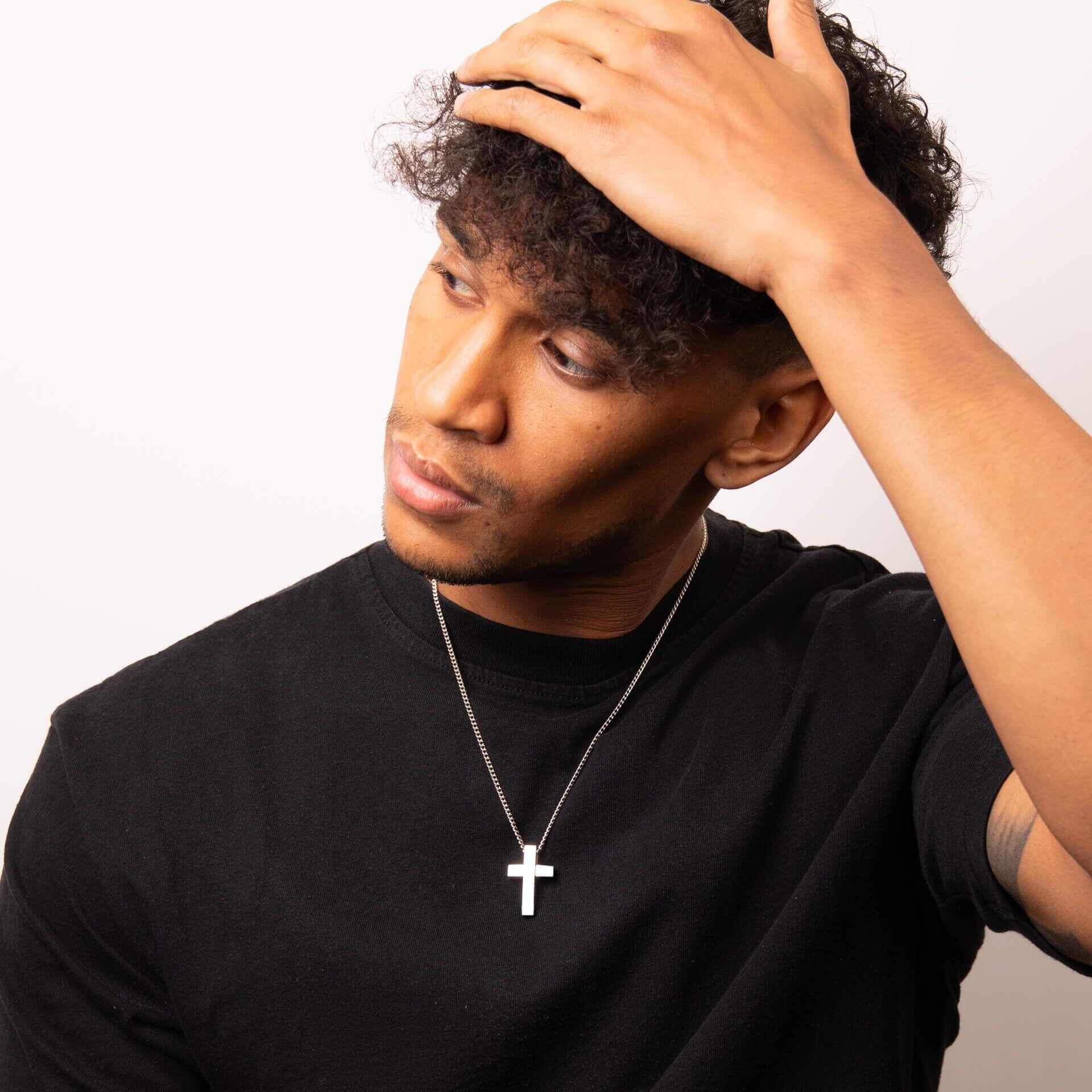 "fredbennett® Two-Tone Stainless Steel Cross Pendant and Chain – men’s necklace with polished and satin finish, skin-safe and presented in a suede pouch from Gold and Diamonds."