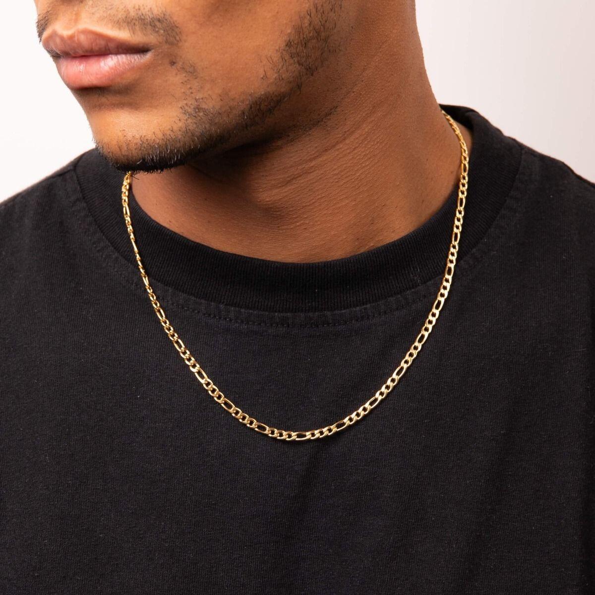 "fredbennett® Figaro Link Necklace in stainless steel or yellow gold IP – a 50cm skin-safe men’s chain with timeless link design, gift-ready in a suede pouch from Gold and Diamonds."